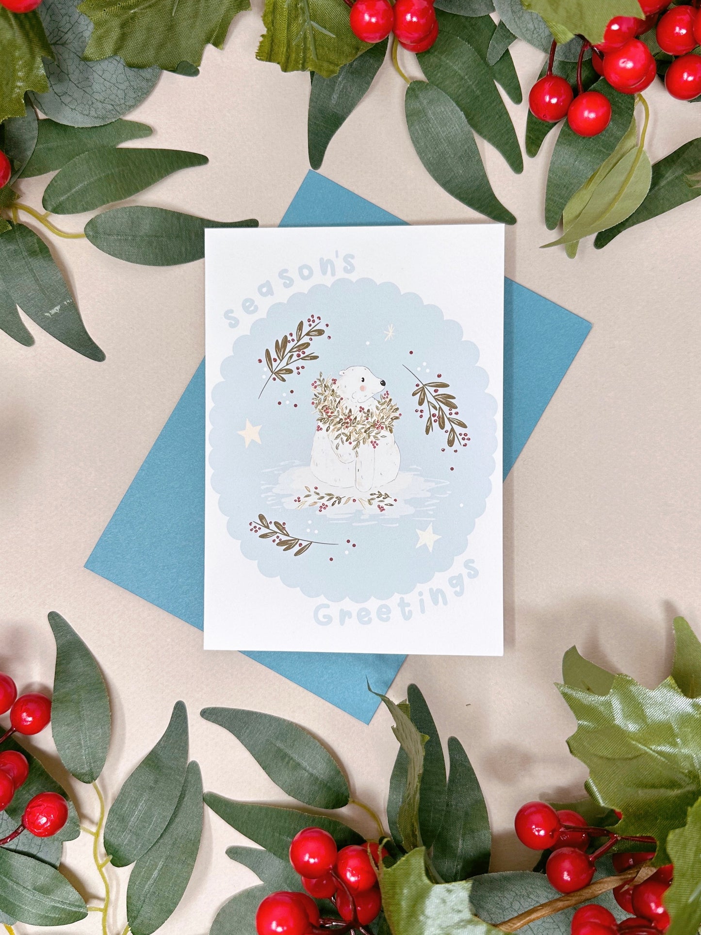 Polar Bear Holly Christmas Card