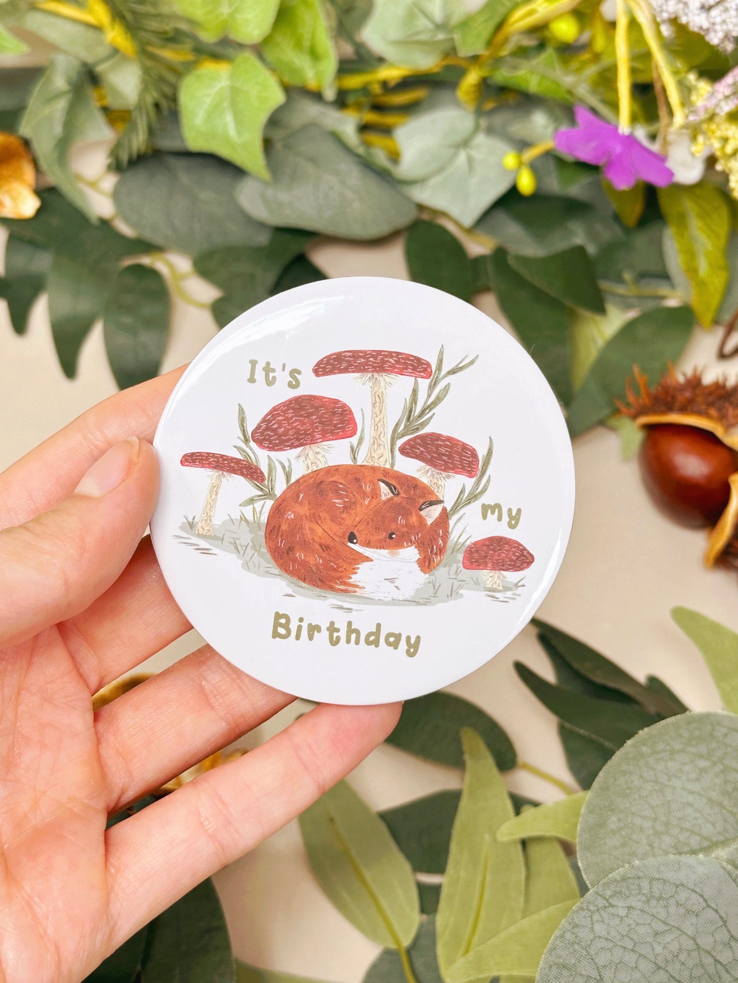 Mushroom Fox Birthday Badge