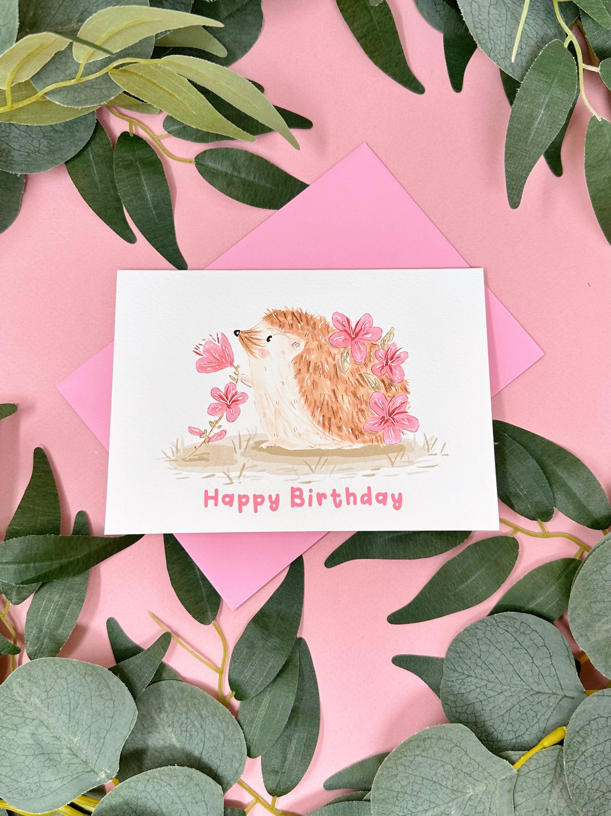 Pink Sakura hedgehog birthday card