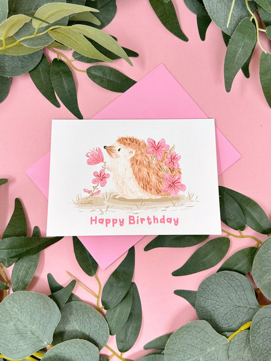 Pink Sakura hedgehog birthday card