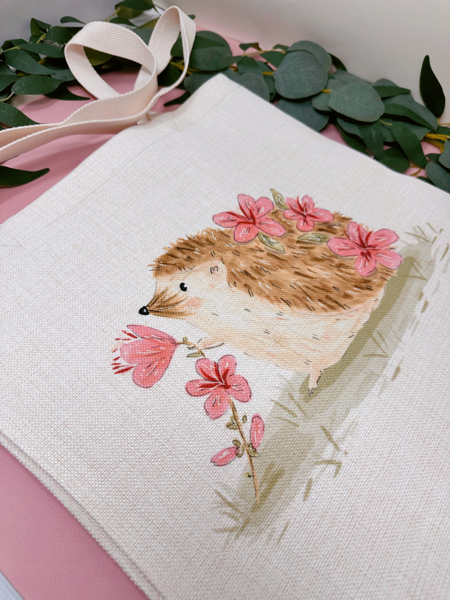 Pink Sakura Hedgehog Linen Tote Bag