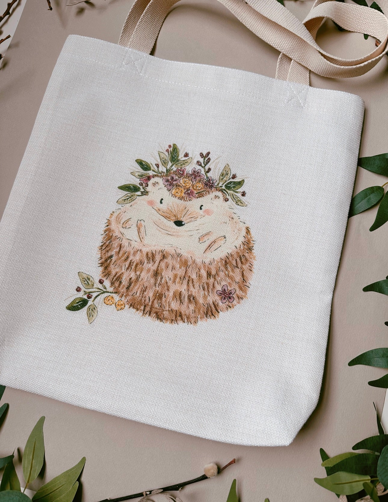 Floral Hedgehog Linen Tote Bag