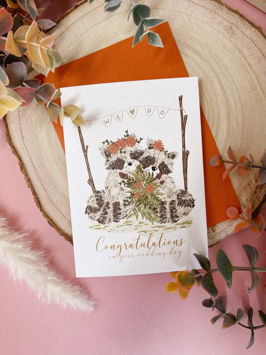 Bohemian Raccoon Wedding Card - Mrs & Mrs