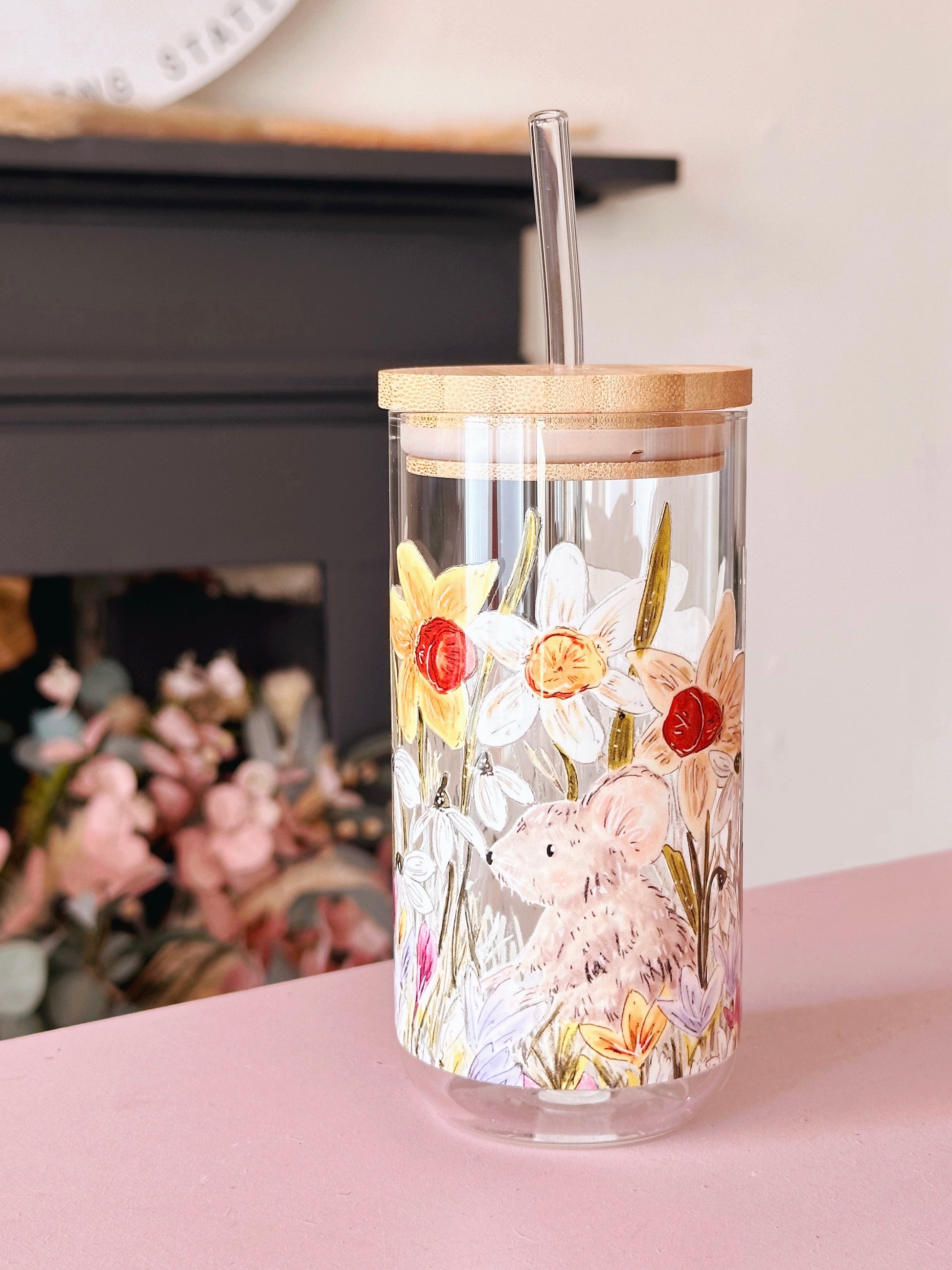 Garden mouse glass tumbler, bamboo lid and glass straw