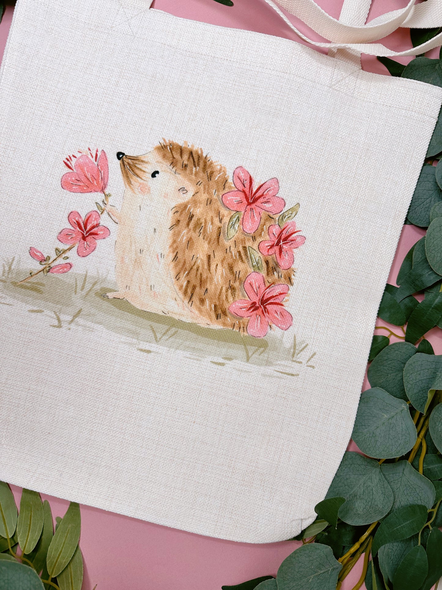 Pink Sakura Hedgehog Linen Tote Bag
