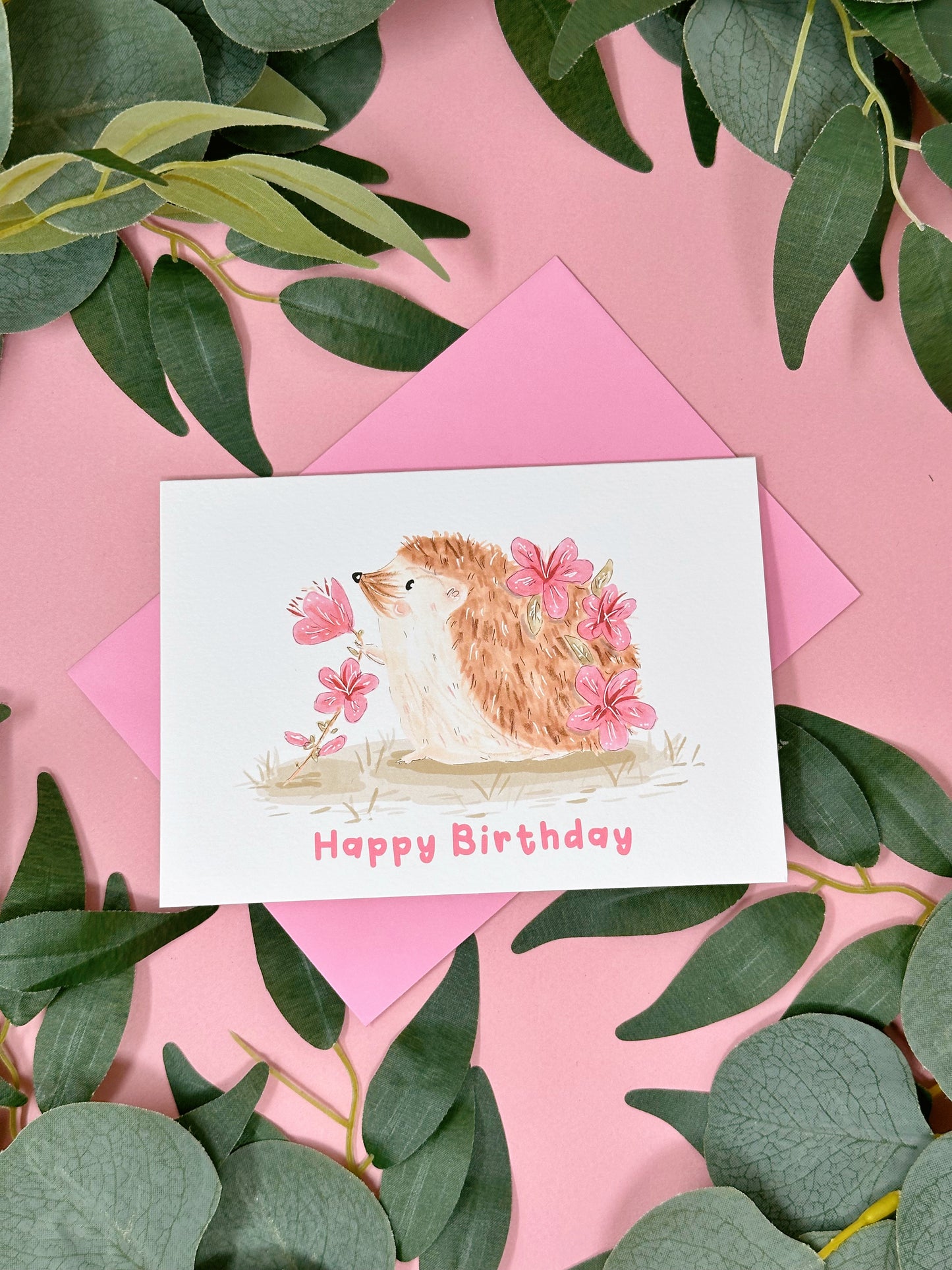 Pink Sakura Hedgehog Birthday Card