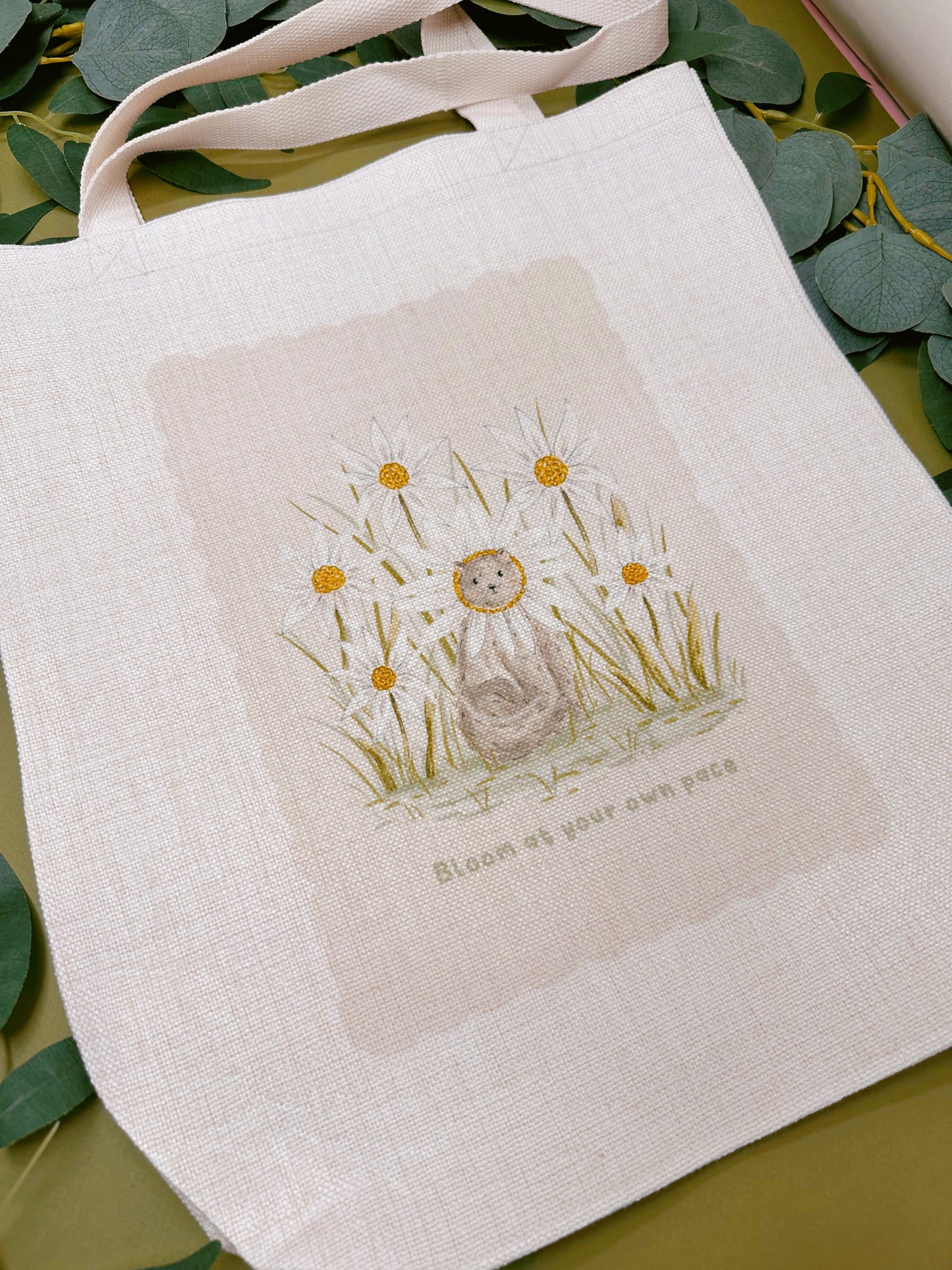Daisy Cat Linen Tote Bag