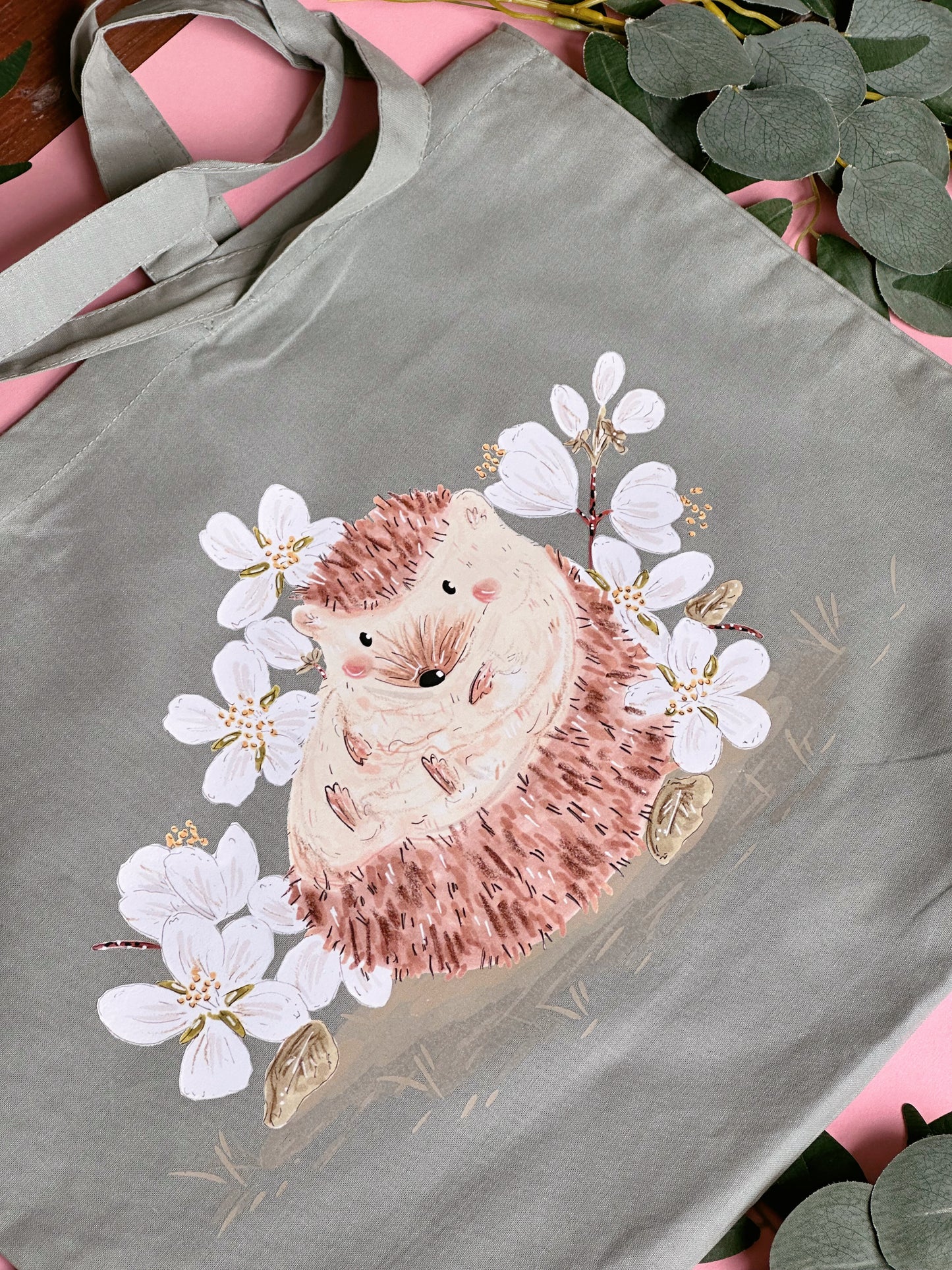White Sakura Hedgehog Maxi Tote Bag - Organic Cotton