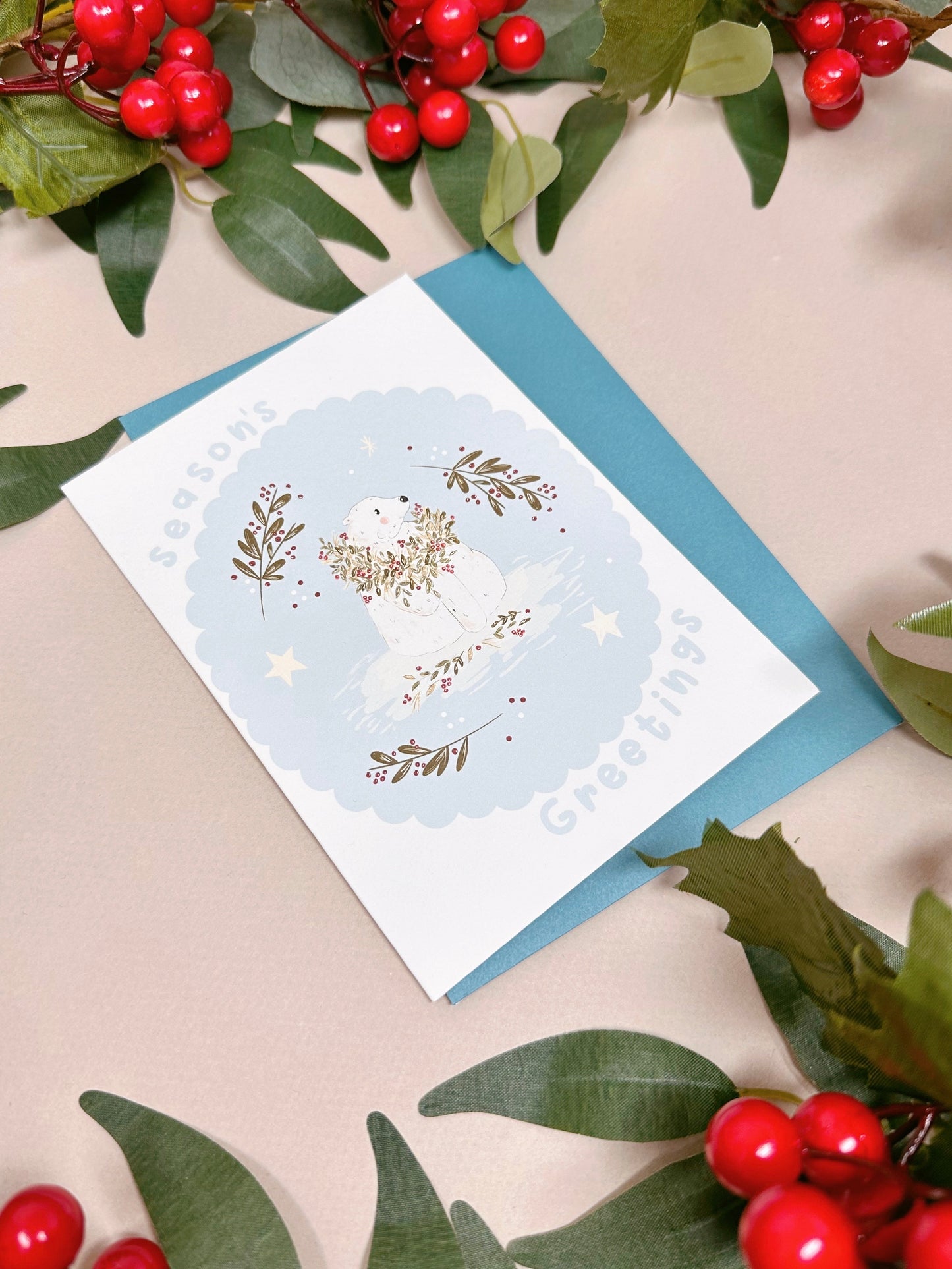 Polar Bear Holly Christmas Card