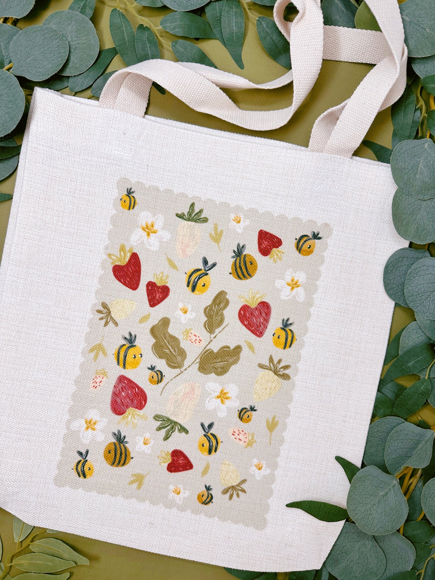 Strawberry Bee Linen Tote Bag