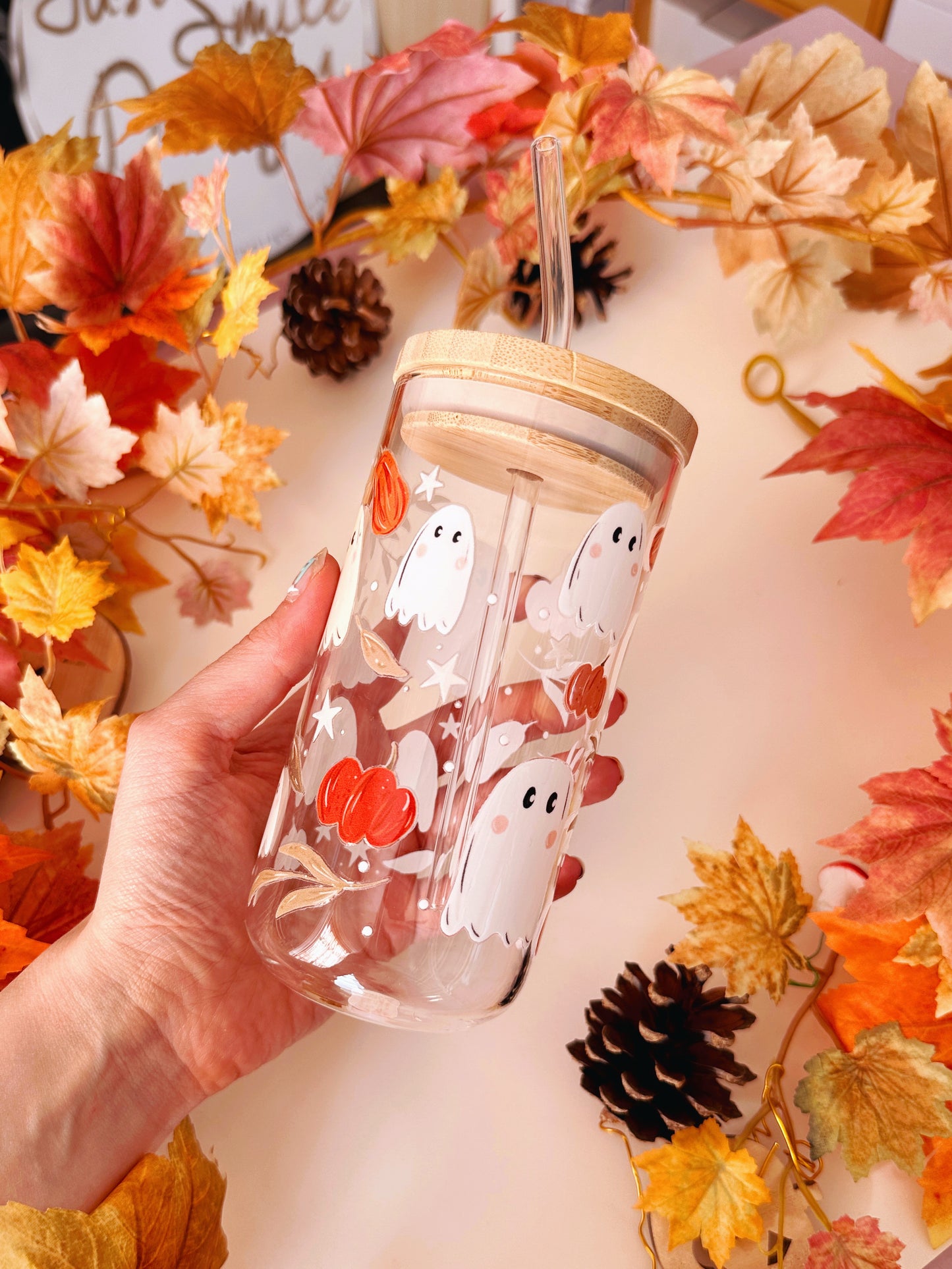 Pumpkin Ghost Glass Tumbler