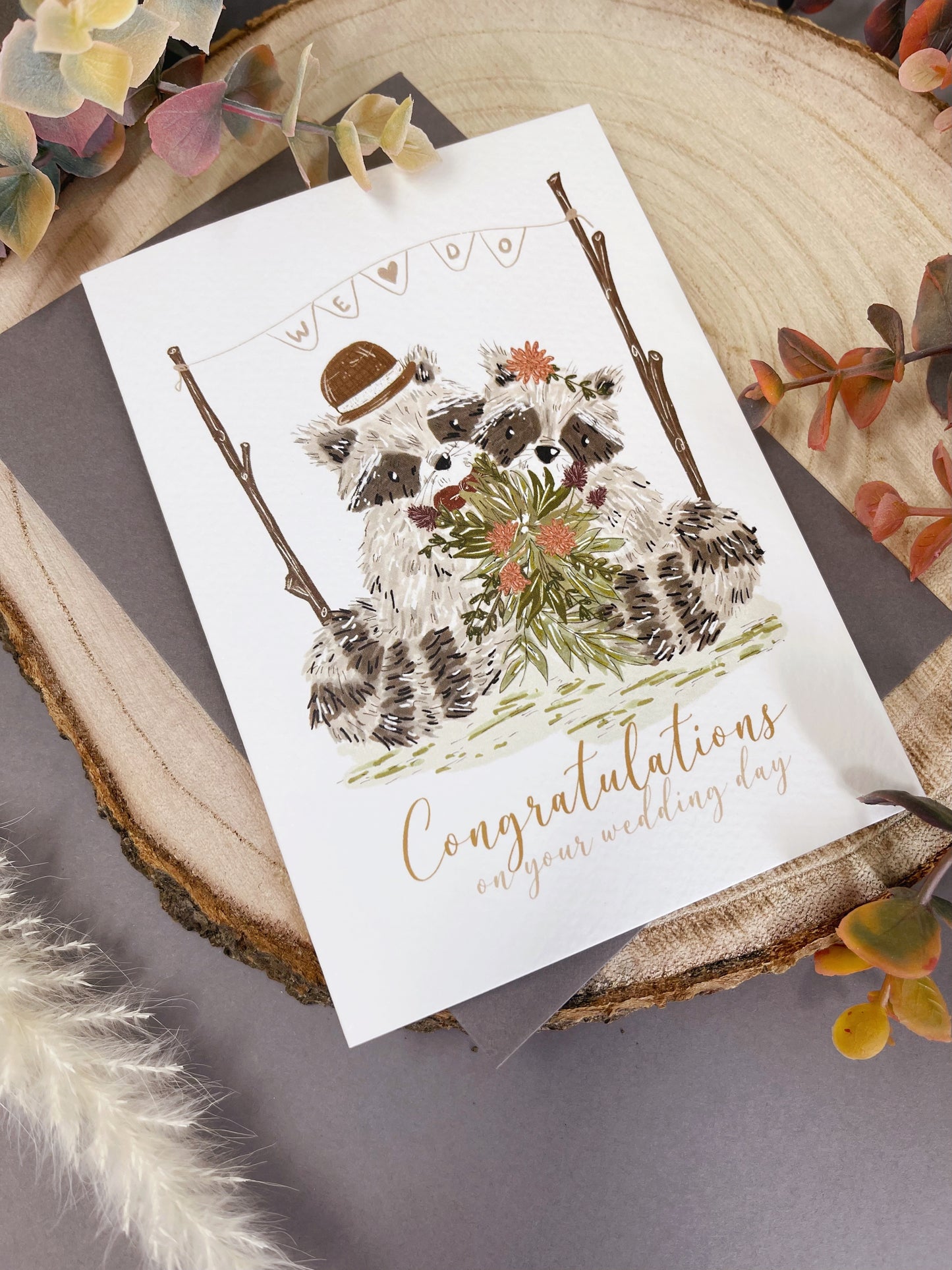 Bohemian Raccoon Wedding Card - Mr & Mrs