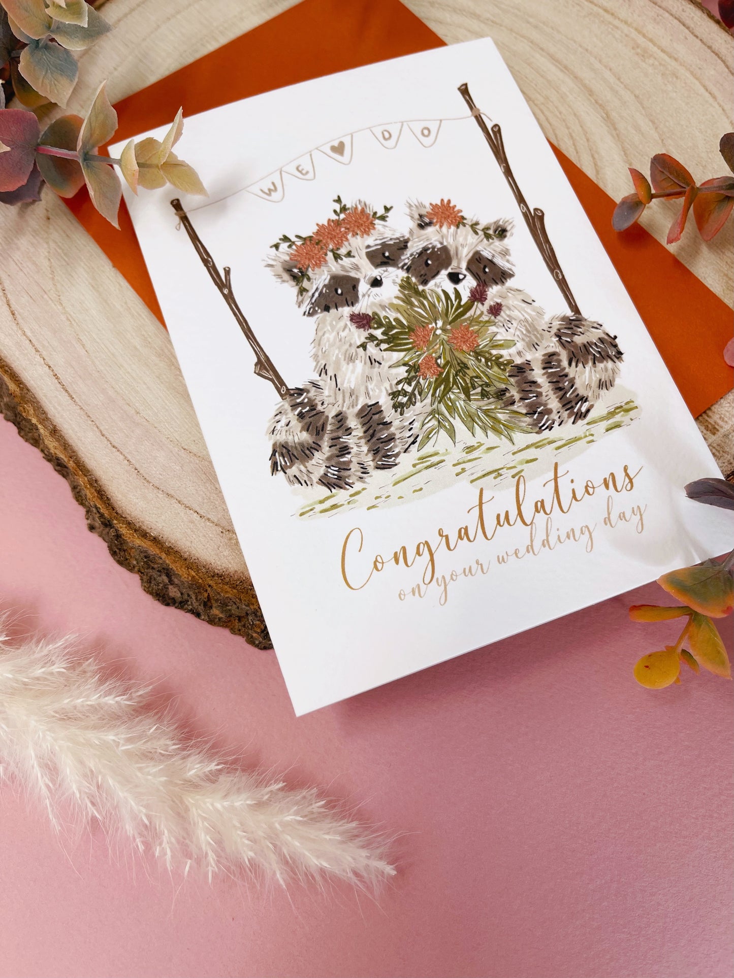 Bohemian Raccoon Wedding Card - Mrs & Mrs