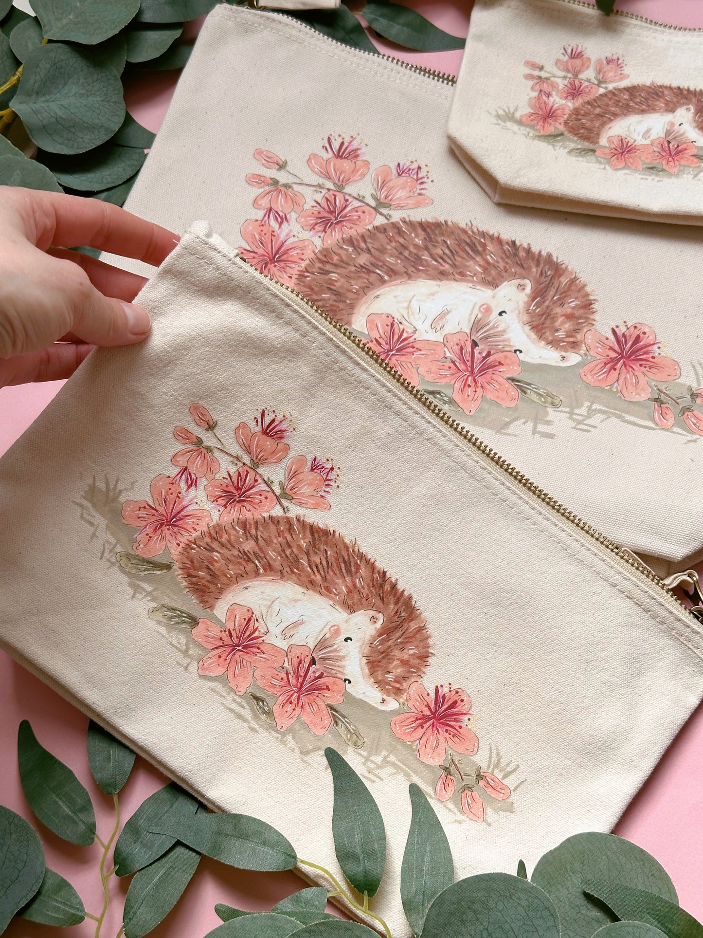 Peach Sakura Hedgehog Zip Bag