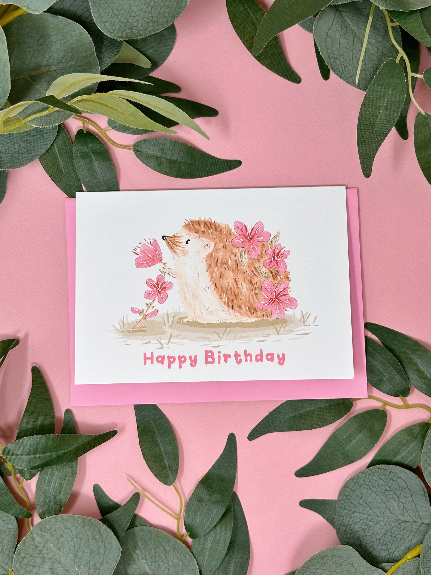 Pink Sakura Hedgehog Birthday Card