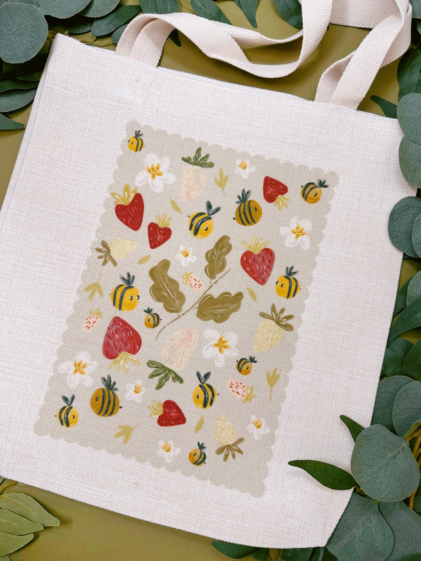 Strawberry Bee Linen Tote Bag