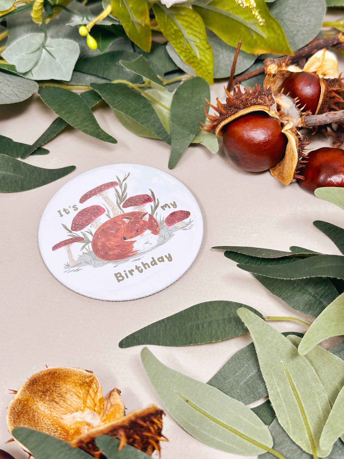 Mushroom Fox Birthday Badge