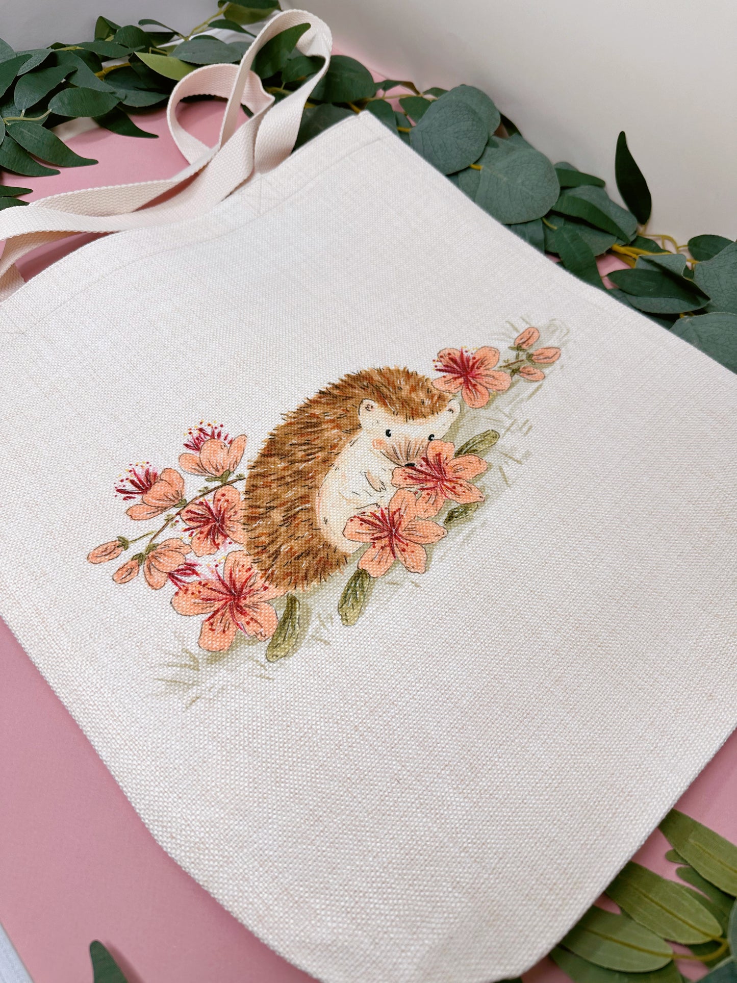Peach Sakura Hedgehog Linen Tote Bag
