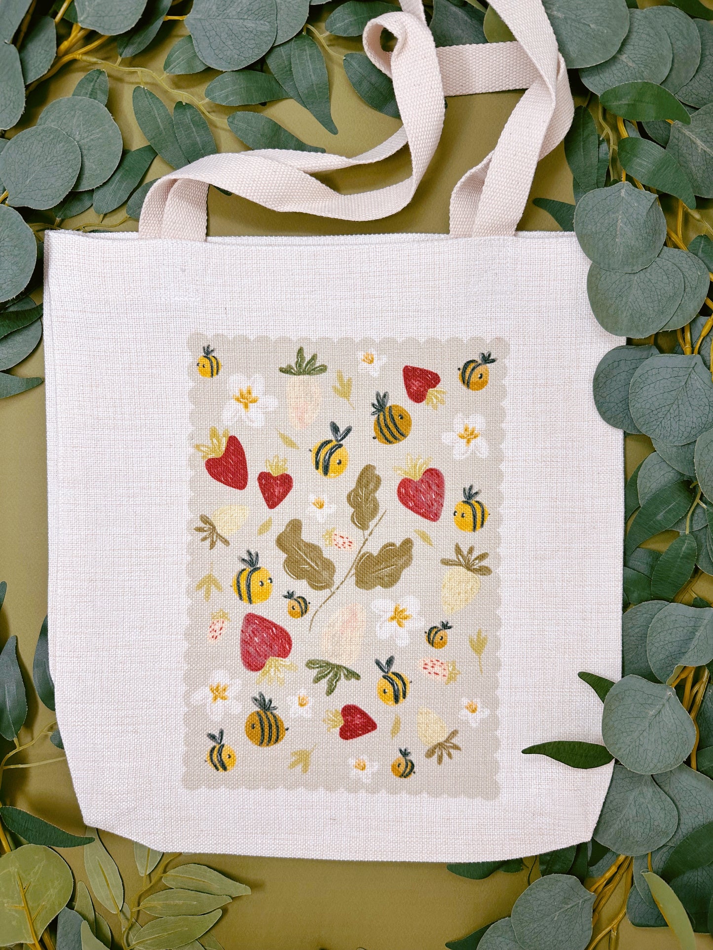 Strawberry Bee Linen Tote Bag