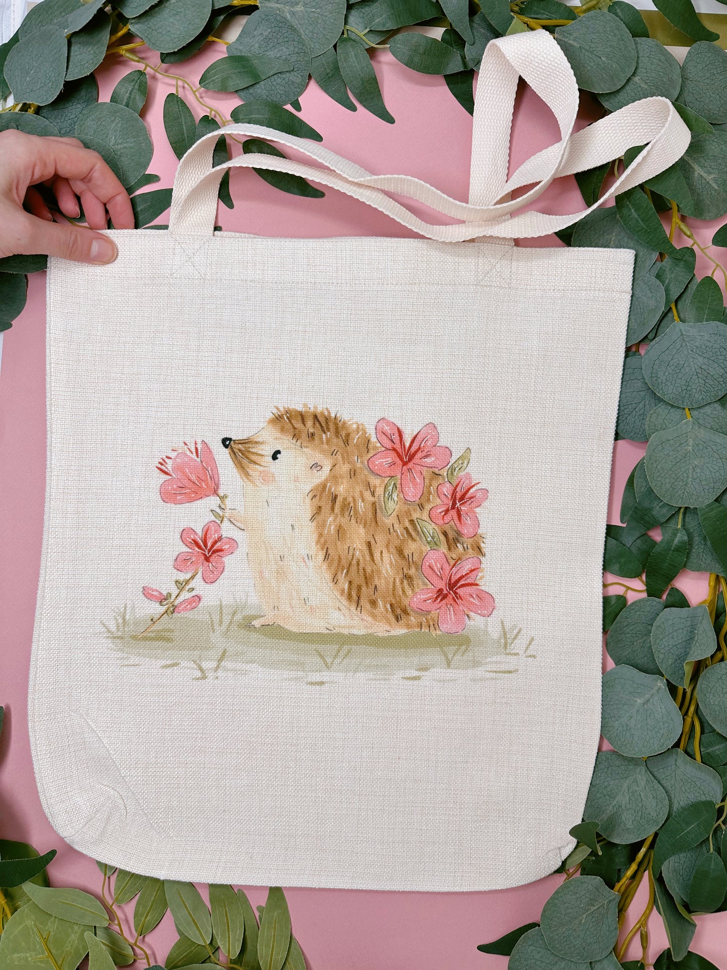 Pink Sakura Hedgehog Linen Tote Bag