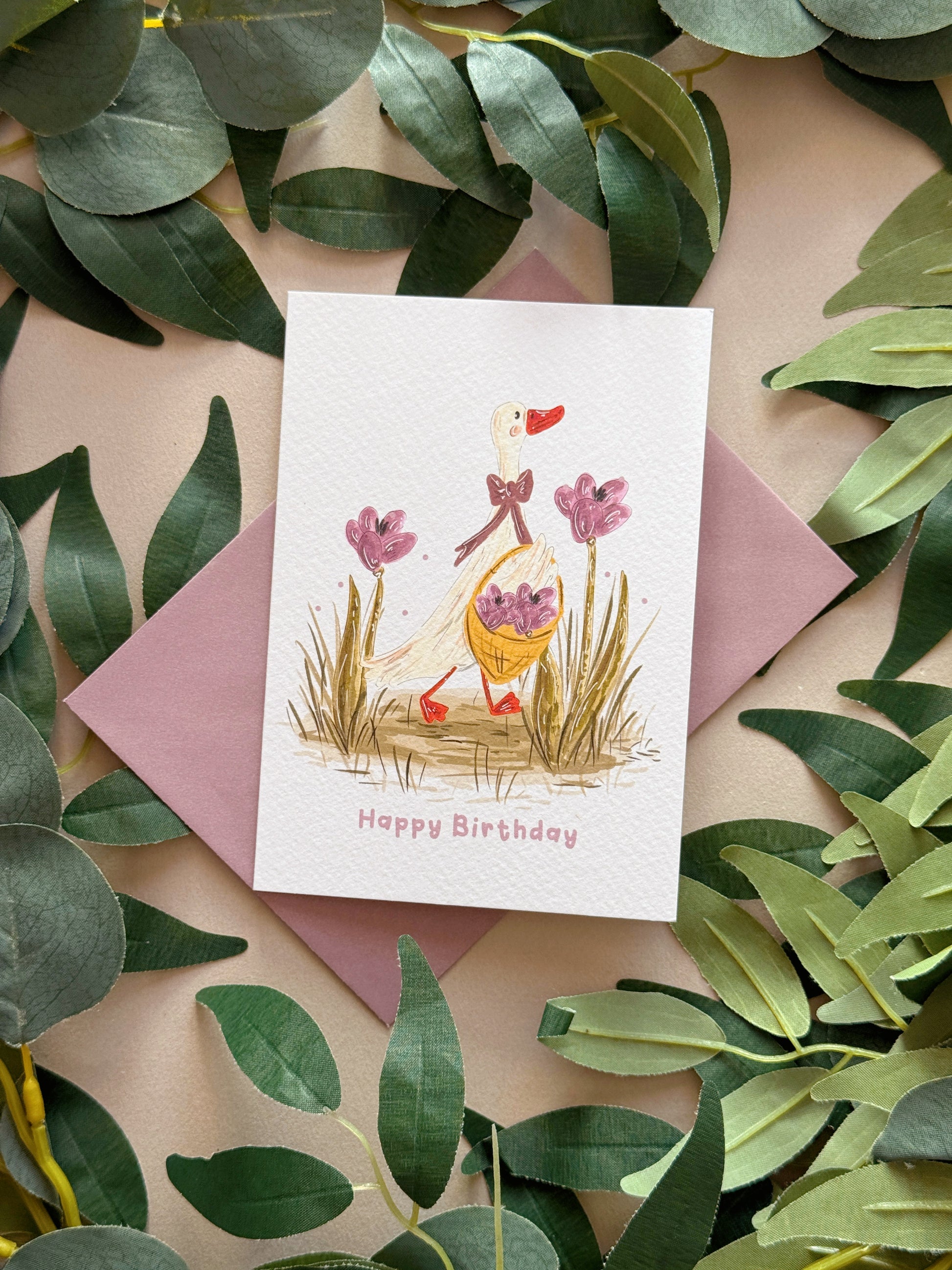 Duck purple flower birthday card