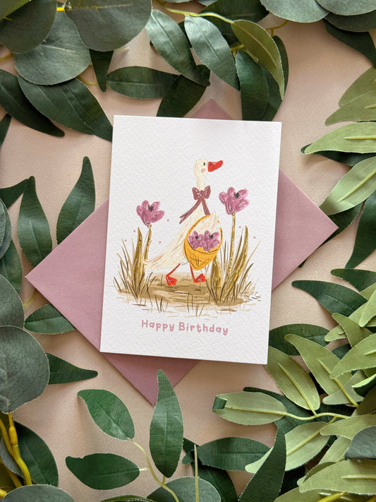 Duck purple flower birthday card