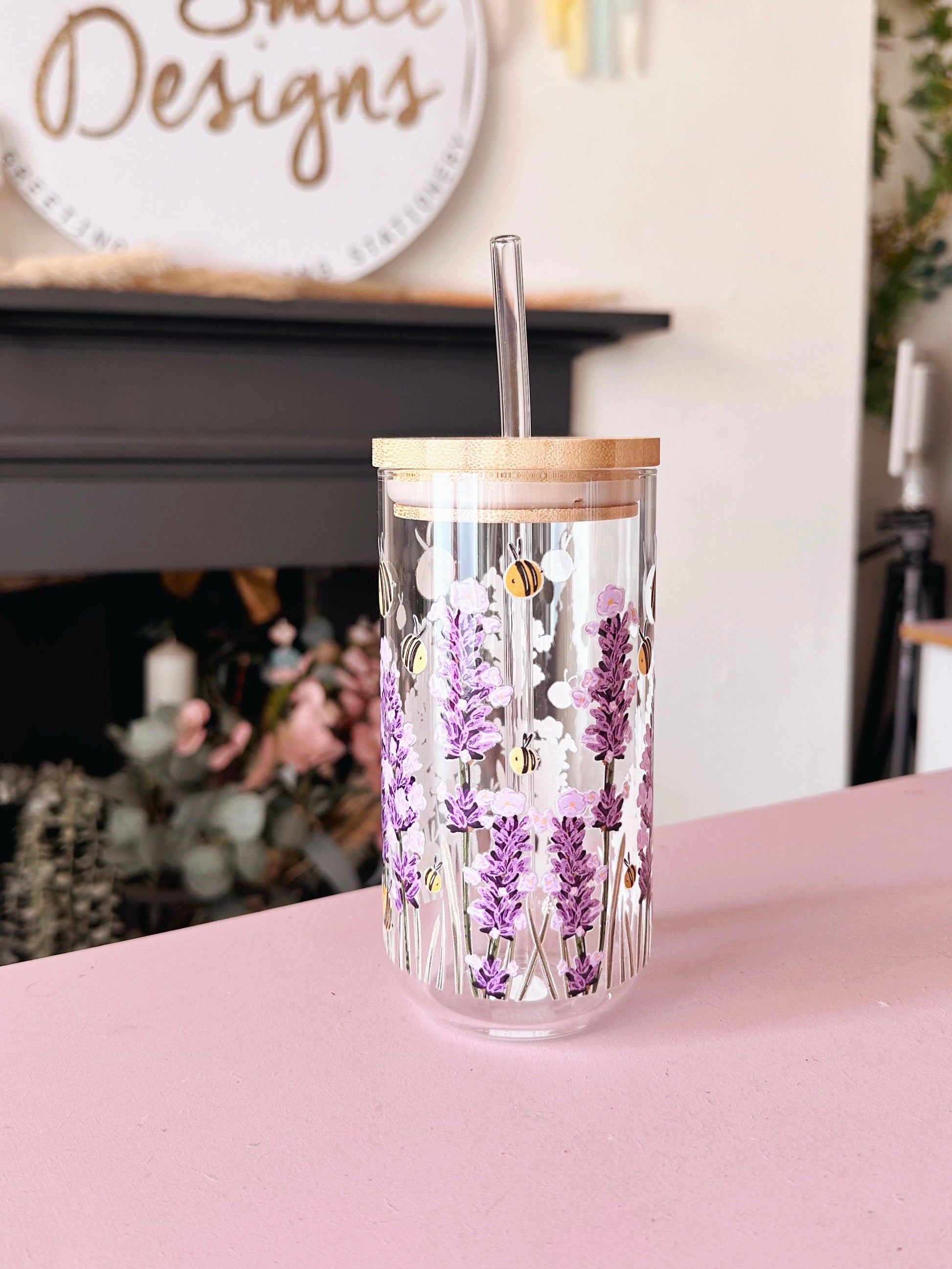 Bee lavender glass tumbler, bamboo lid and glass straw