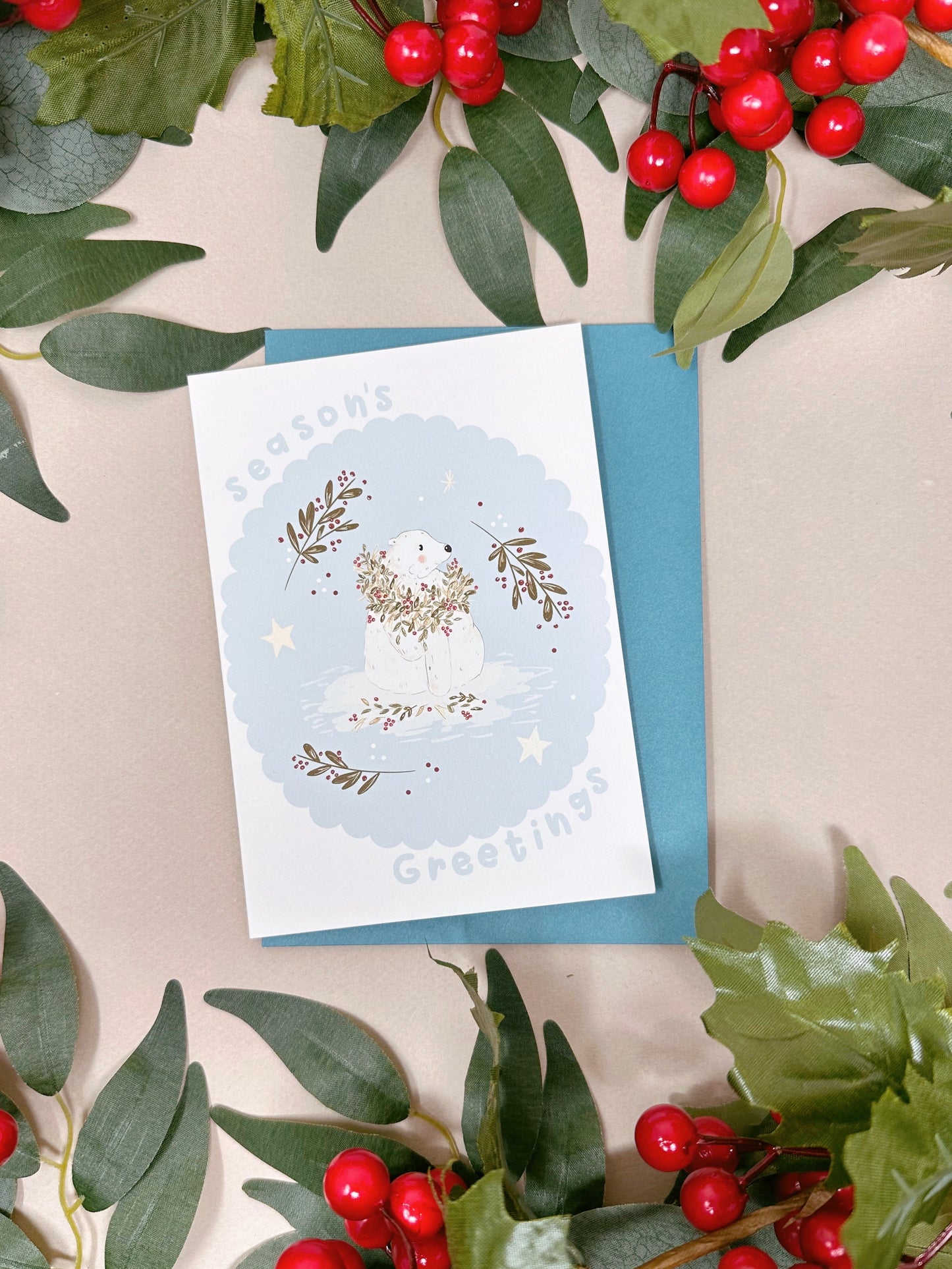 Polar Bear Holly Christmas Card