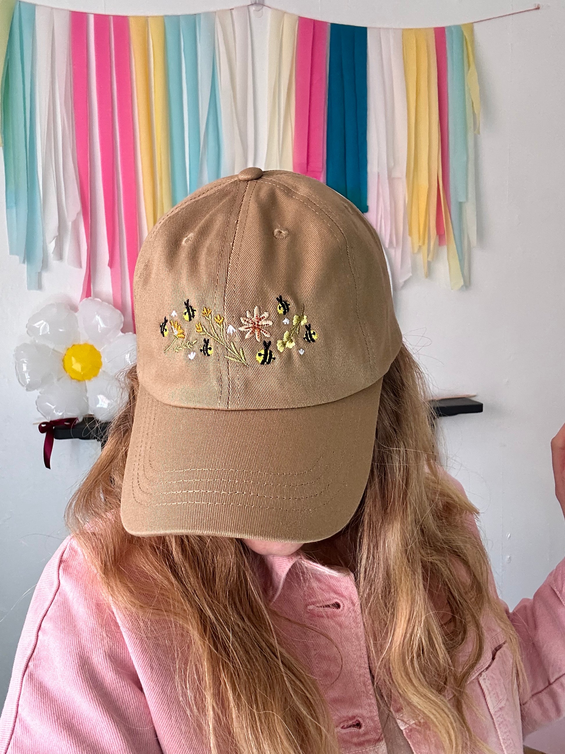 Floral bee embroidered baseball cap