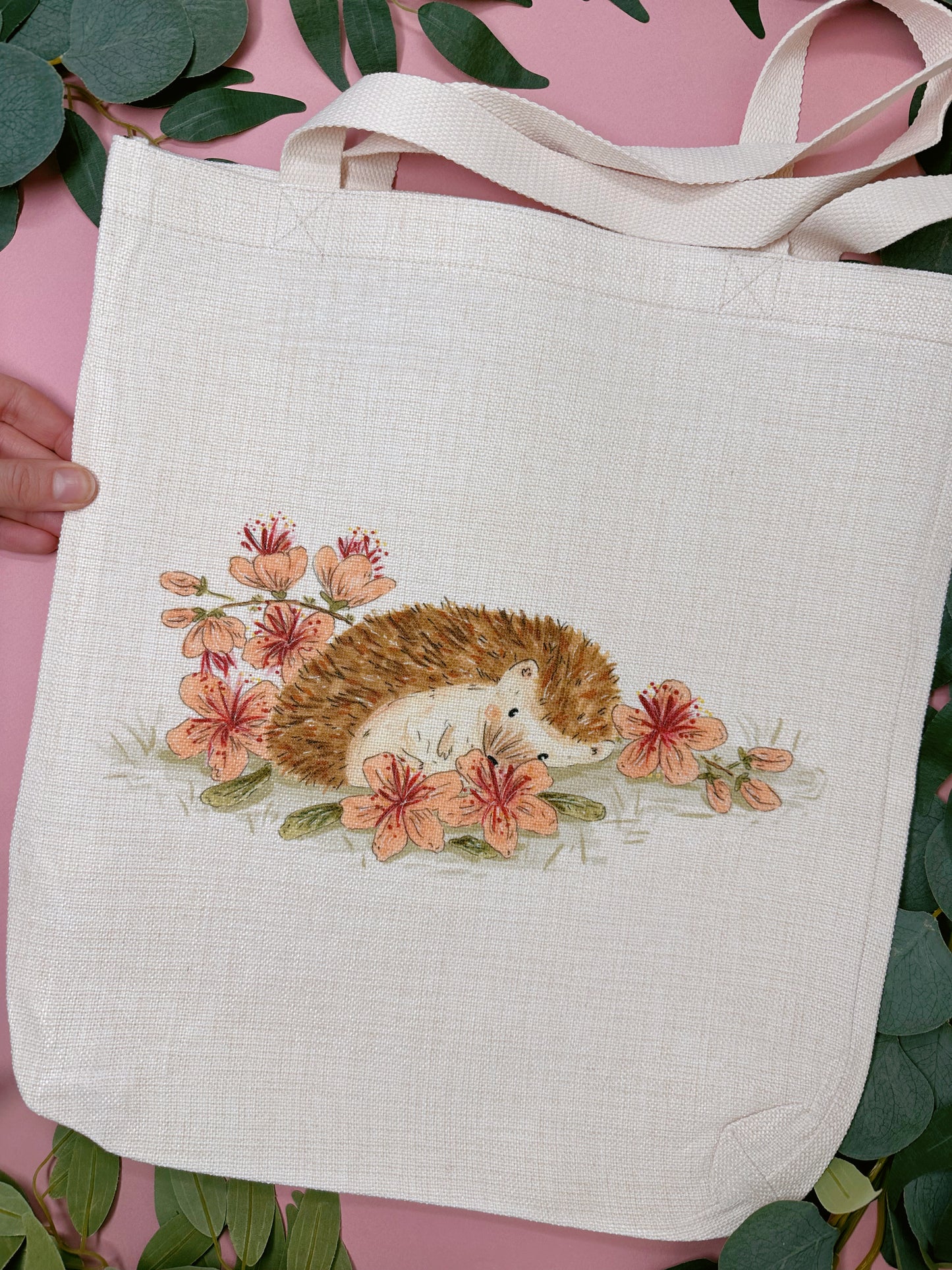 Peach Sakura Hedgehog Linen Tote Bag