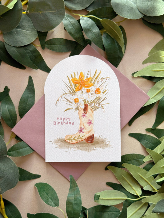 Cowboy boot flower vase birthday card