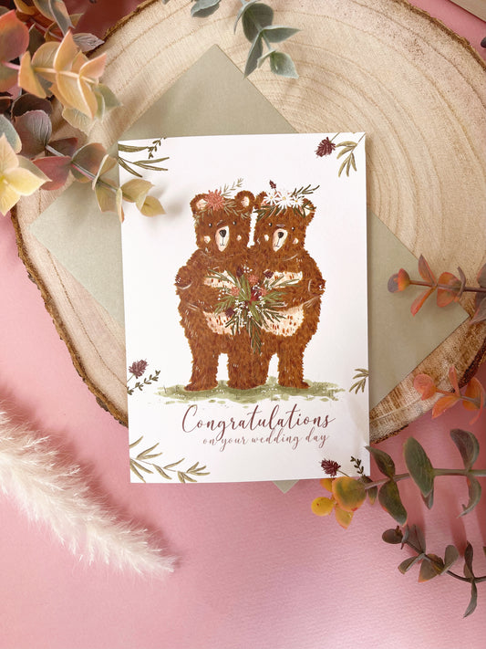 Woodland Bear Wedding Card - Mrs & Mrs