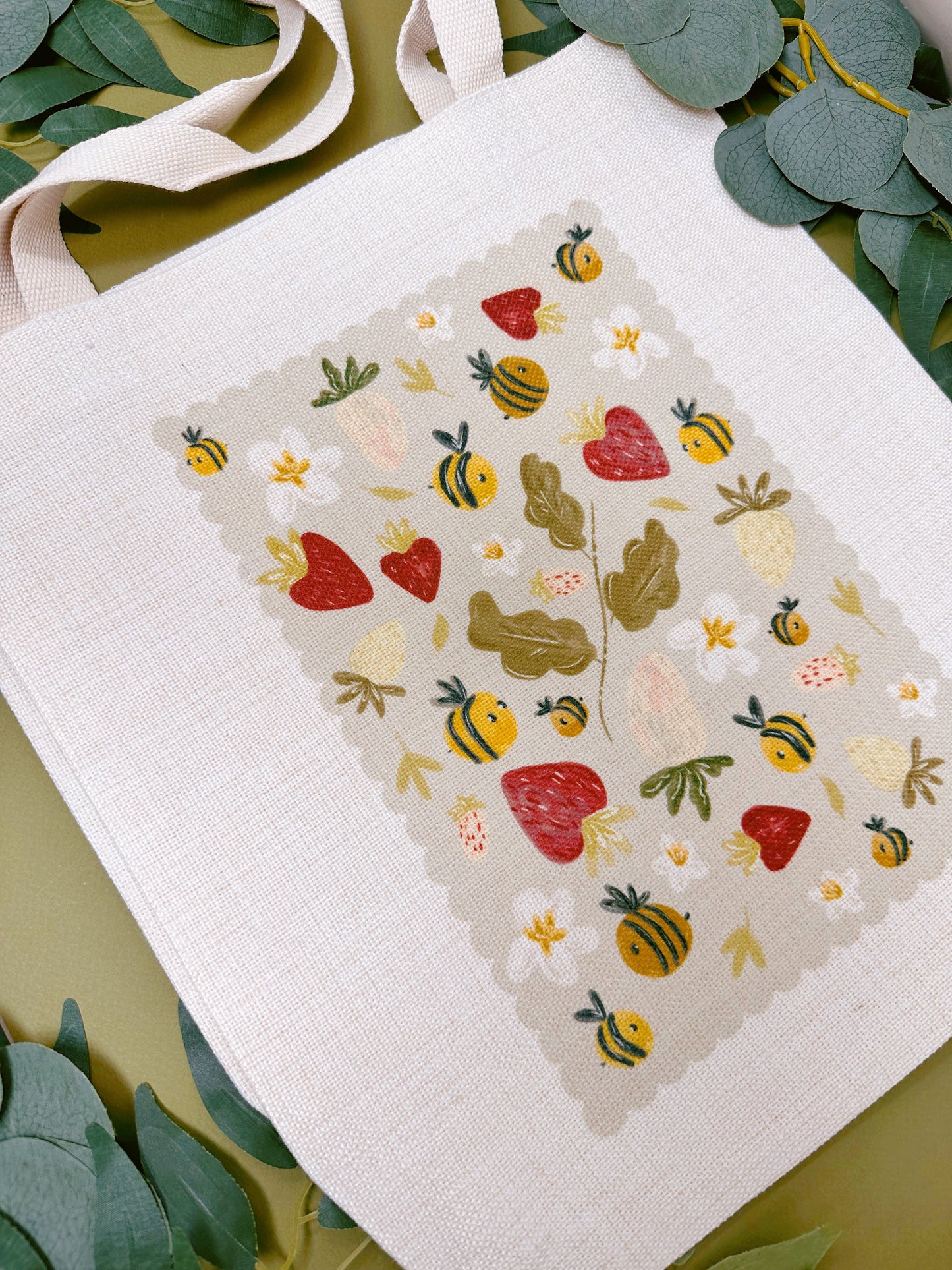 Strawberry Bee Linen Tote Bag