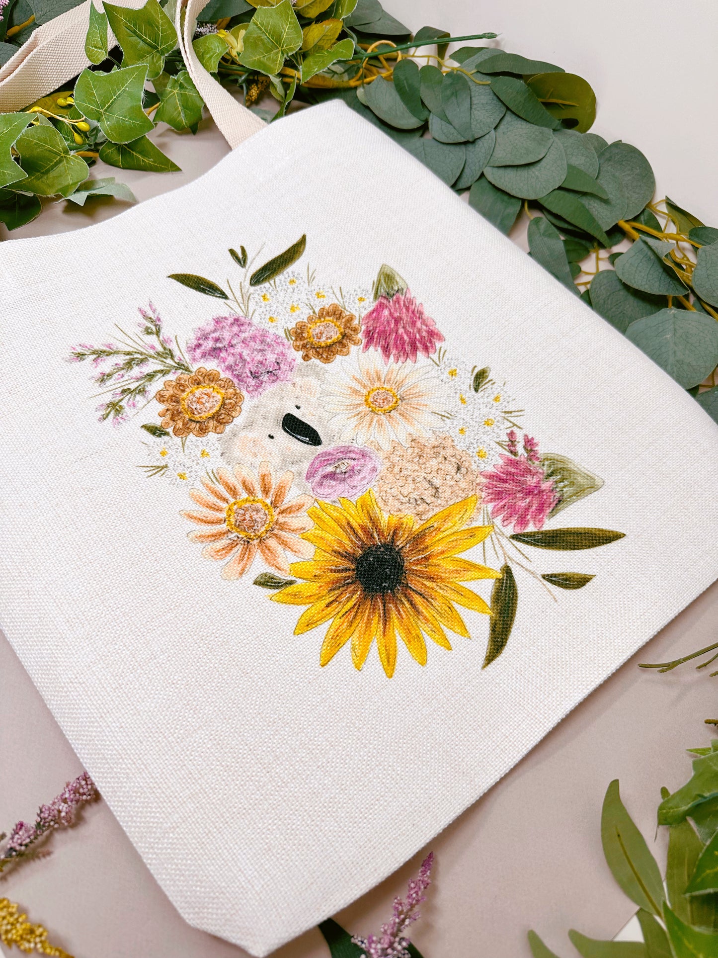 Floral Koala Linen Tote Bag