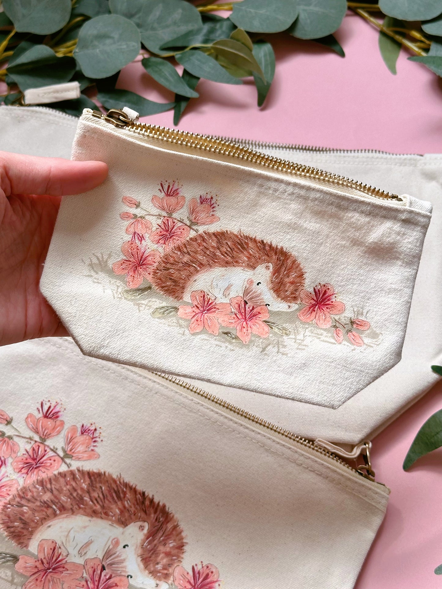Peach Sakura Hedgehog Zip Bag