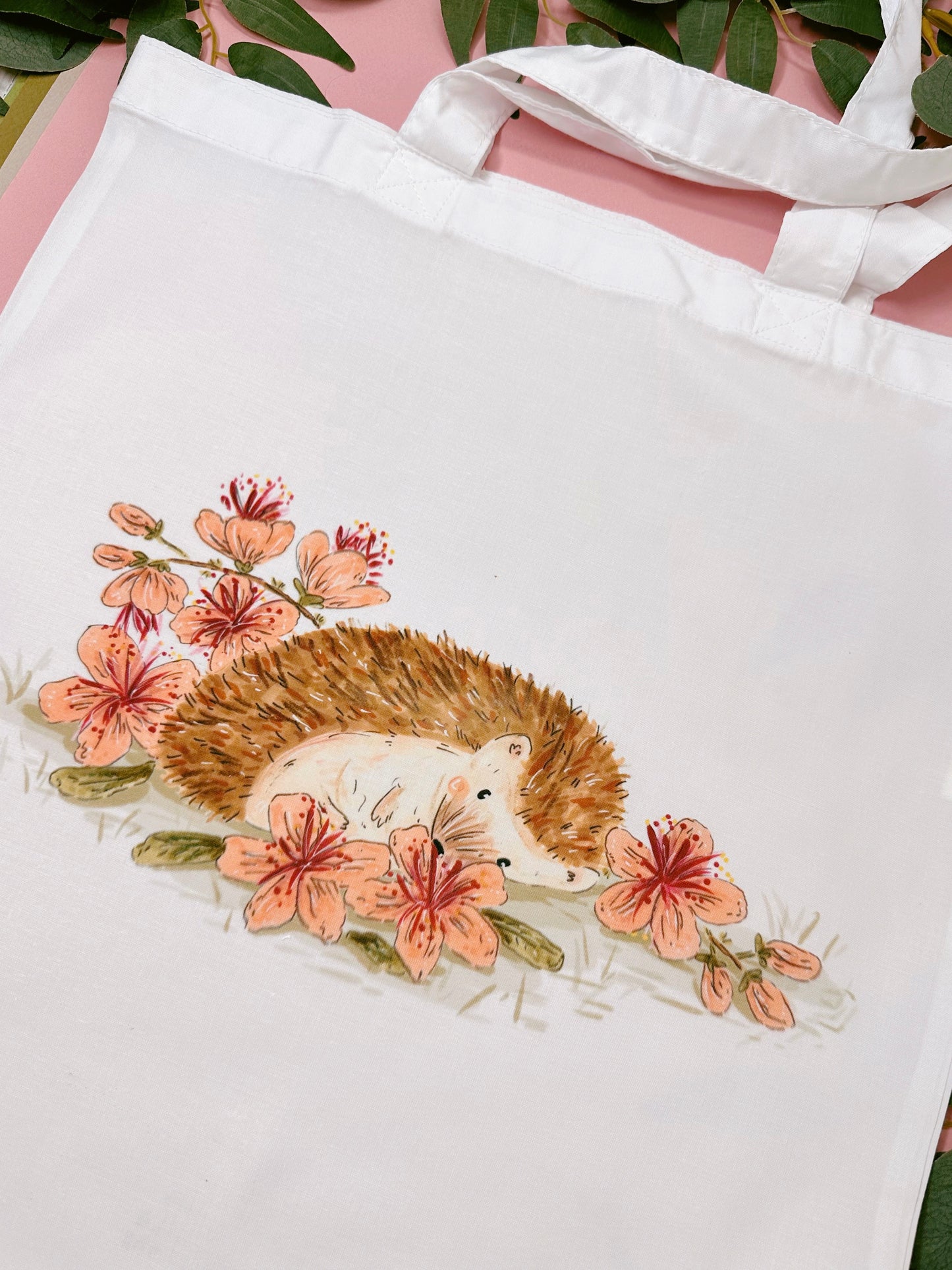 Peach Sakura Hedgehog Tote Bag