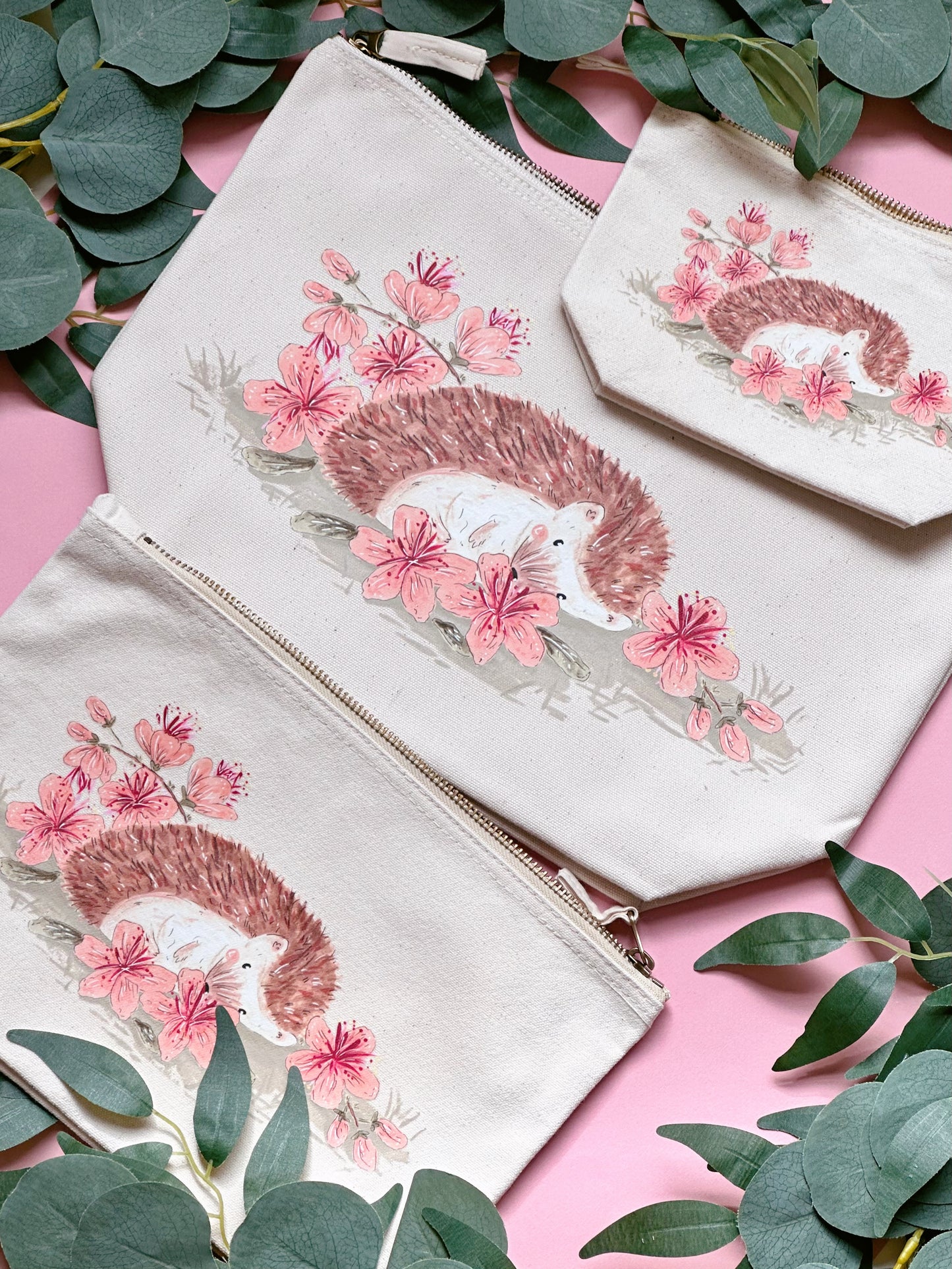 Peach Sakura Hedgehog Zip Bag