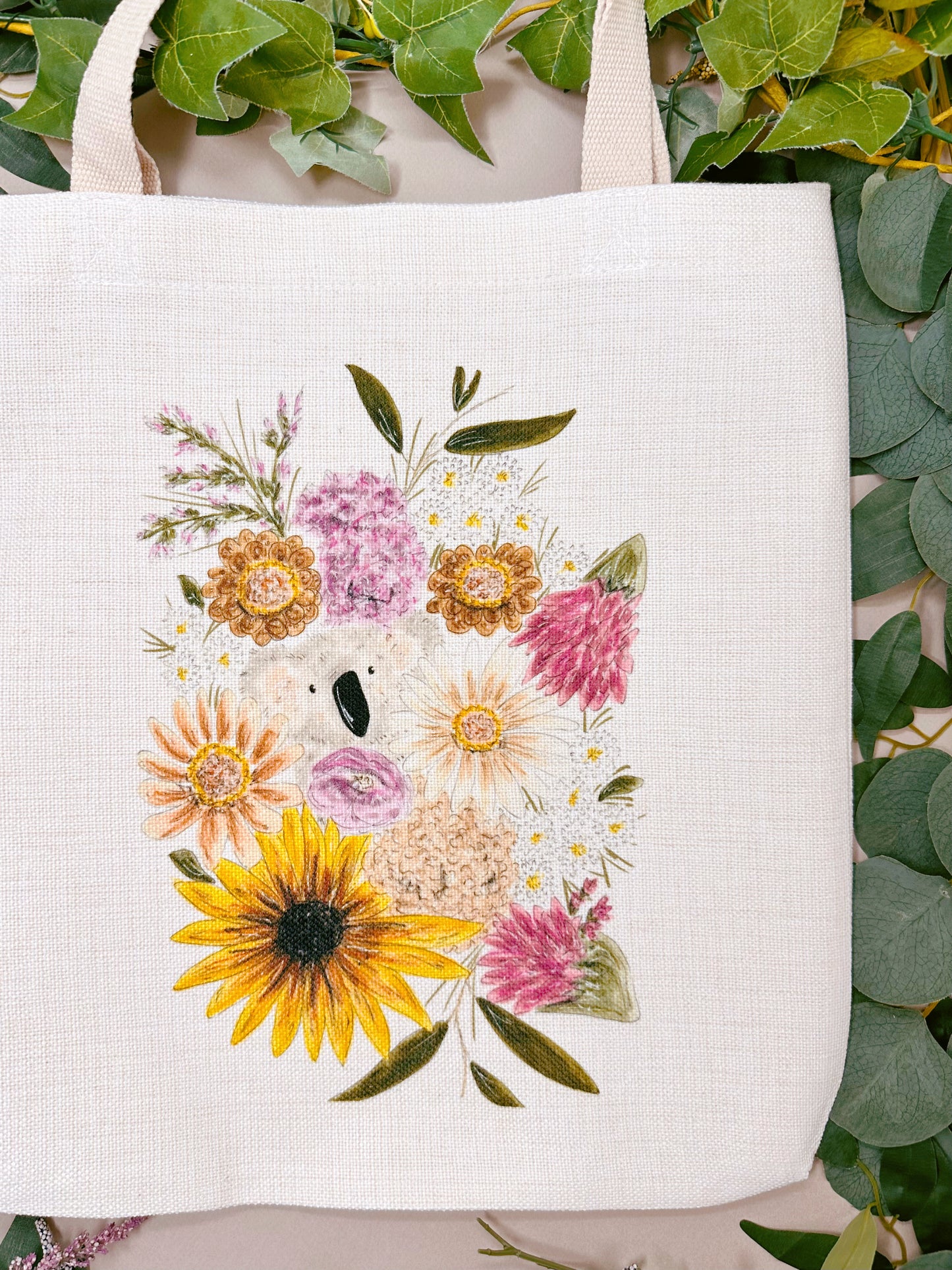 Floral Koala Linen Tote Bag