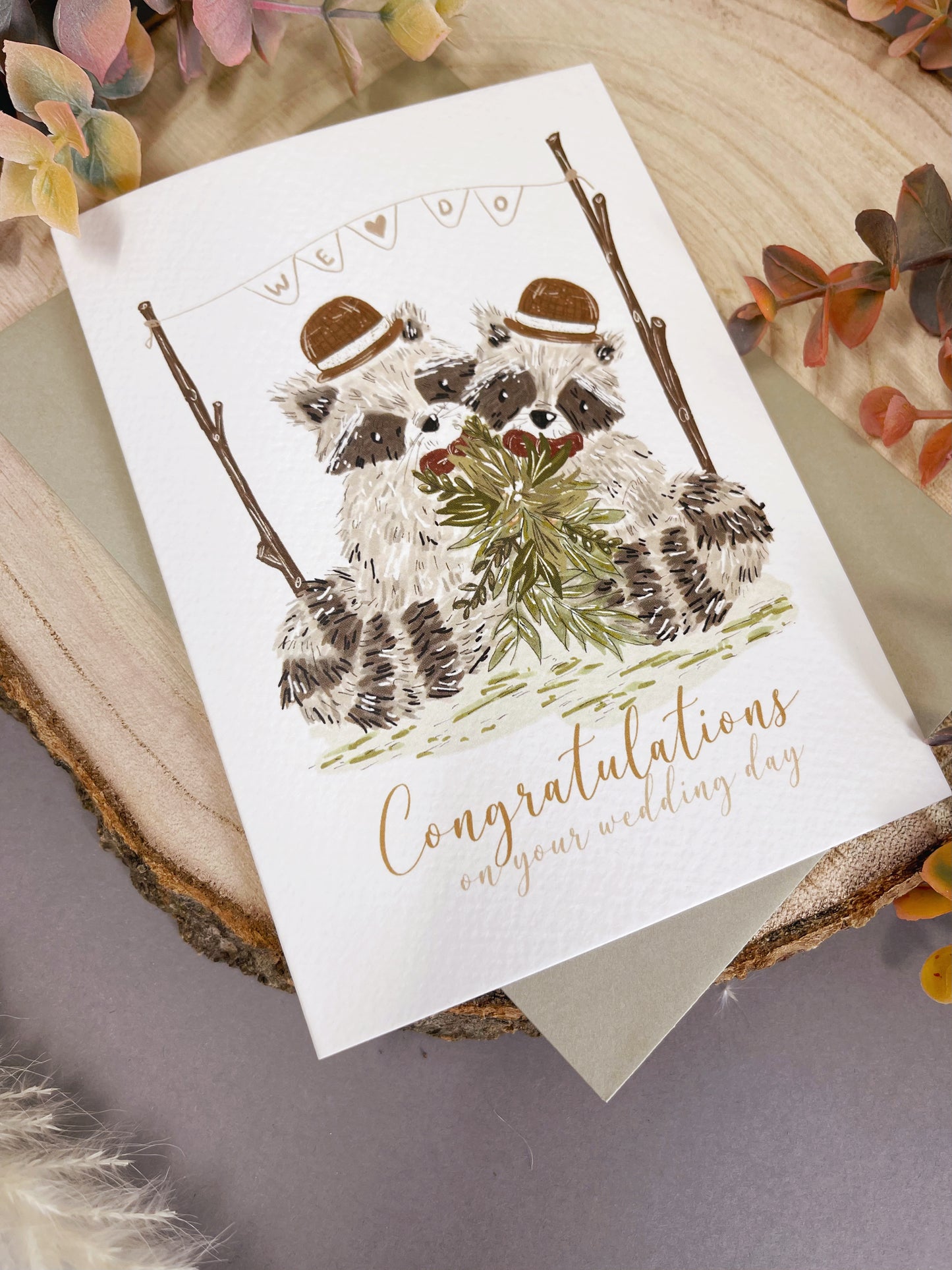 Bohemian Raccoon Wedding Card - Mr & Mr