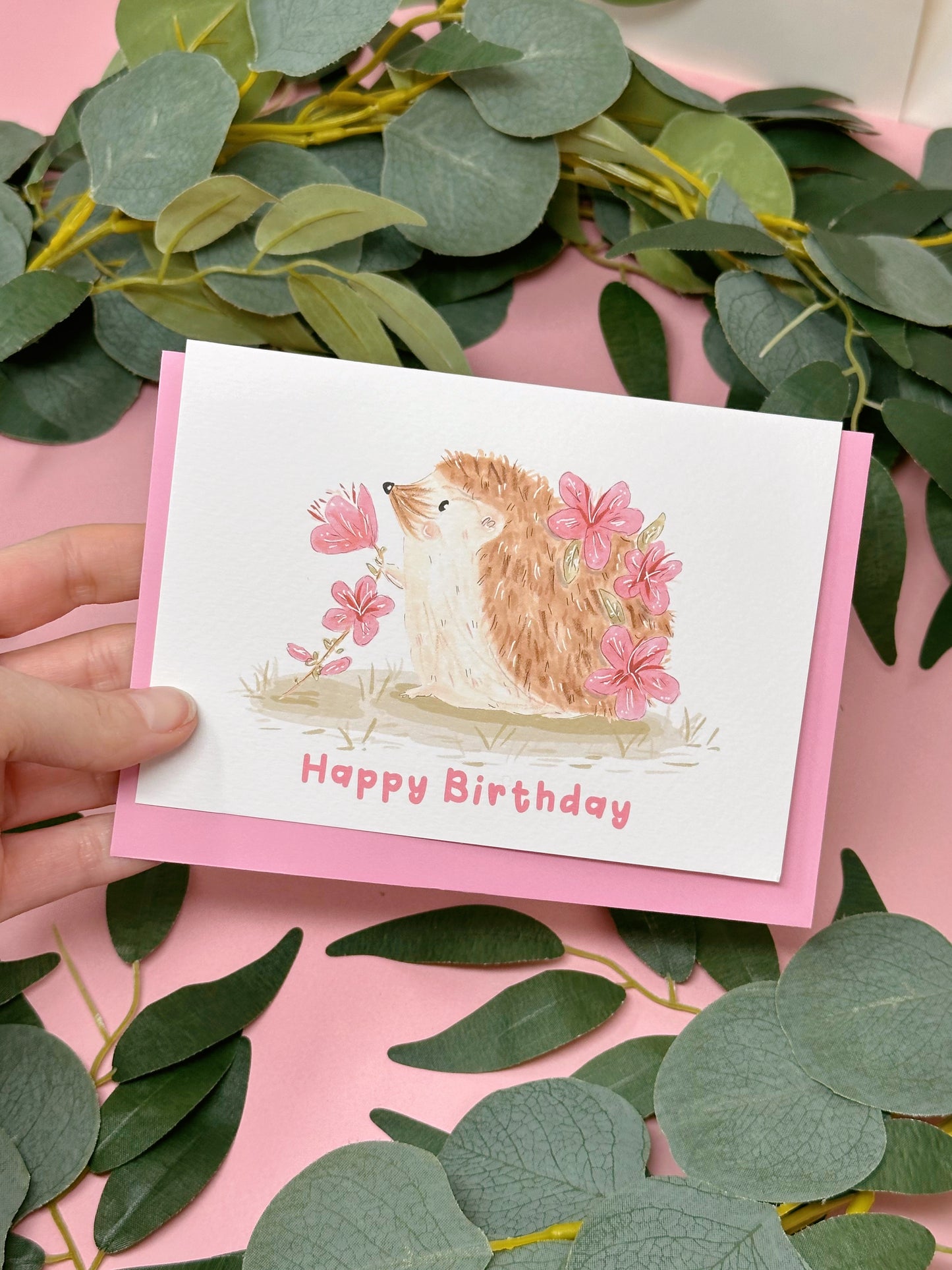 Pink Sakura Hedgehog Birthday Card