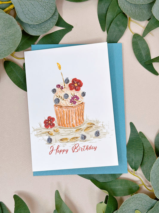 Blueberry cupcake birthday card