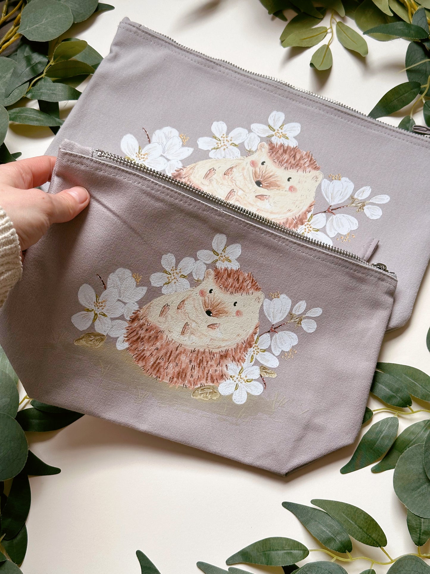 white Sakura Hedgehog Zip Bag