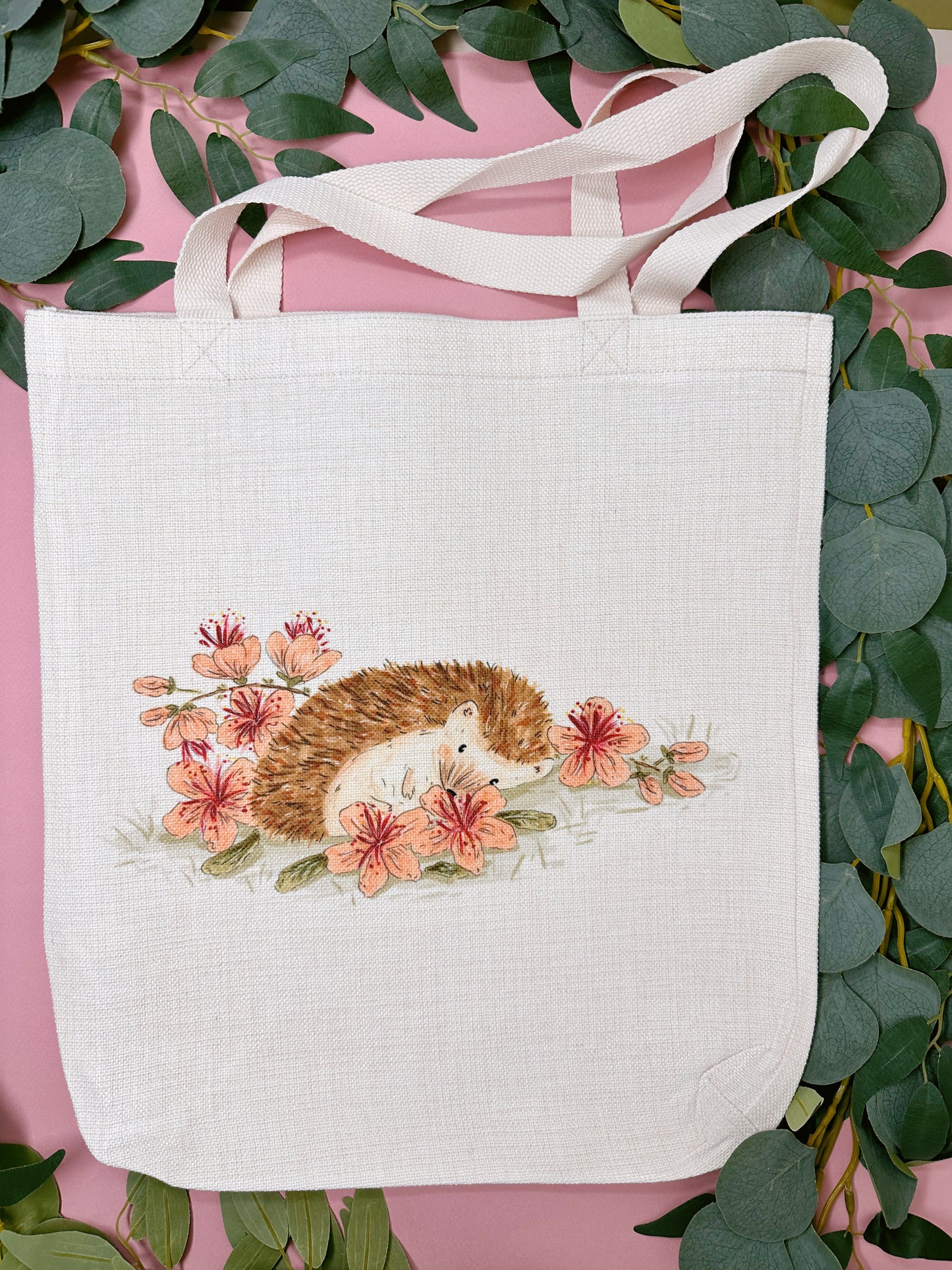 Peach Sakura Hedgehog Linen Tote Bag