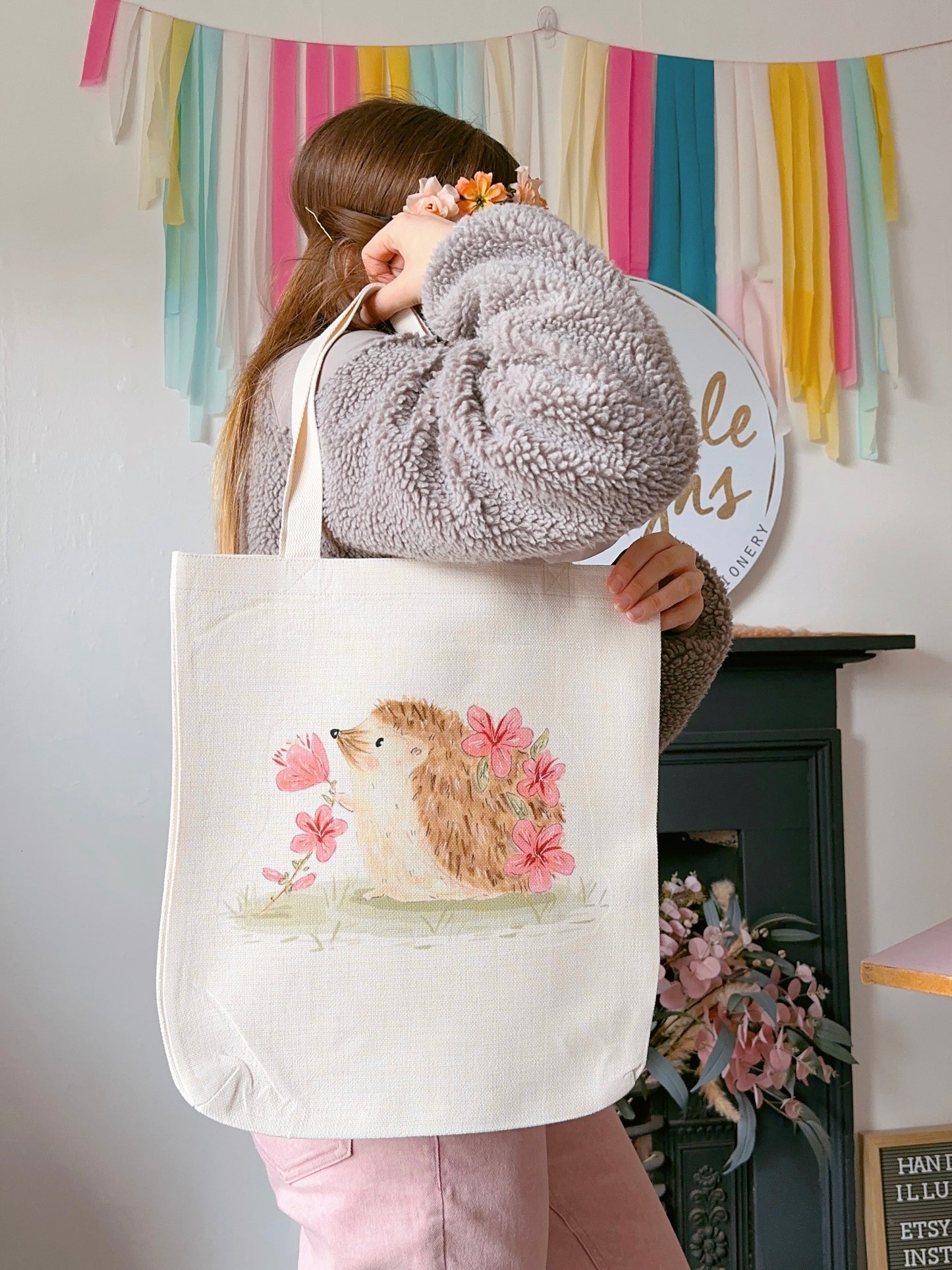 Pink Sakura Hedgehog Linen Tote Bag