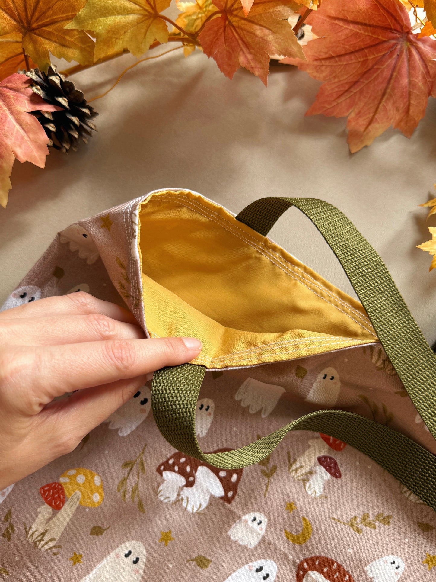 Mushroom Ghosts Fabric Tote Bag - Tan
