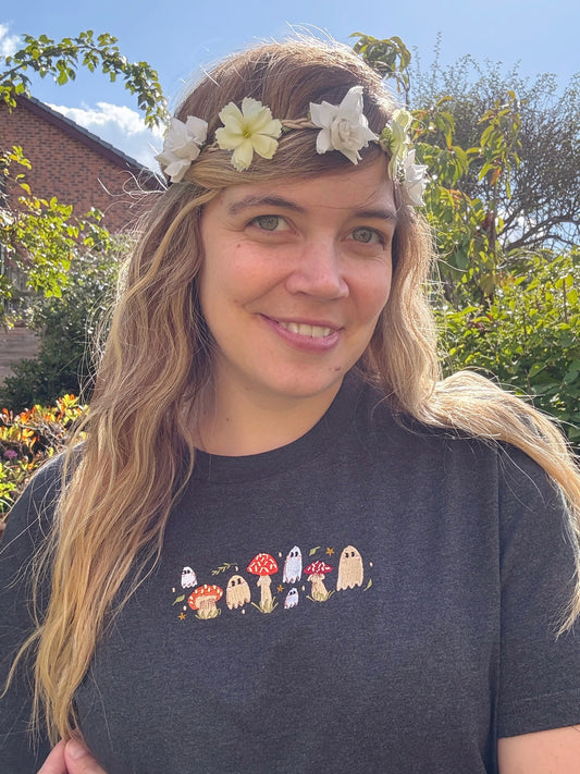 Mushroom Ghost Embroidered T-Shirt - Organic Cotton