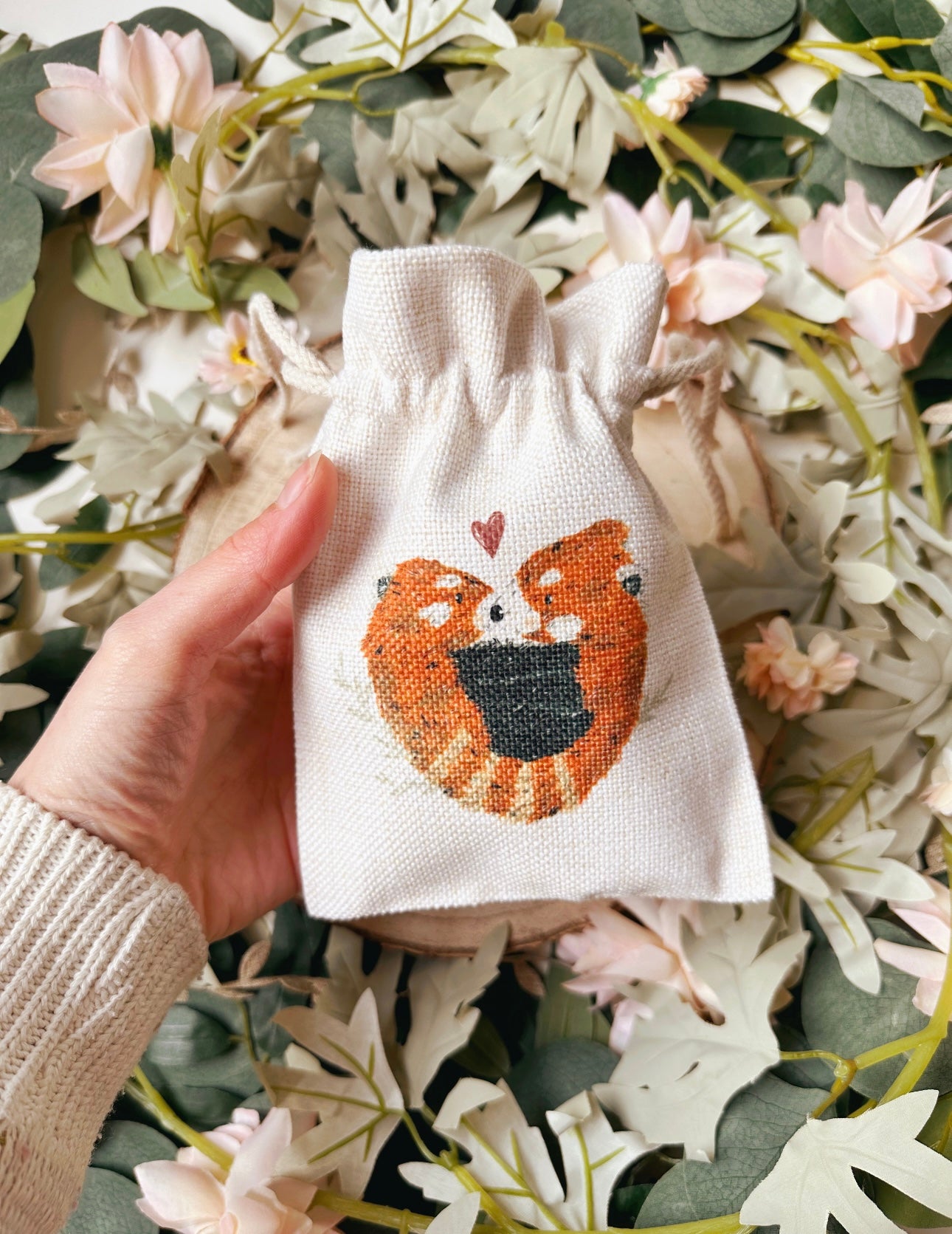 Red Panda Heart Drawstring Bag