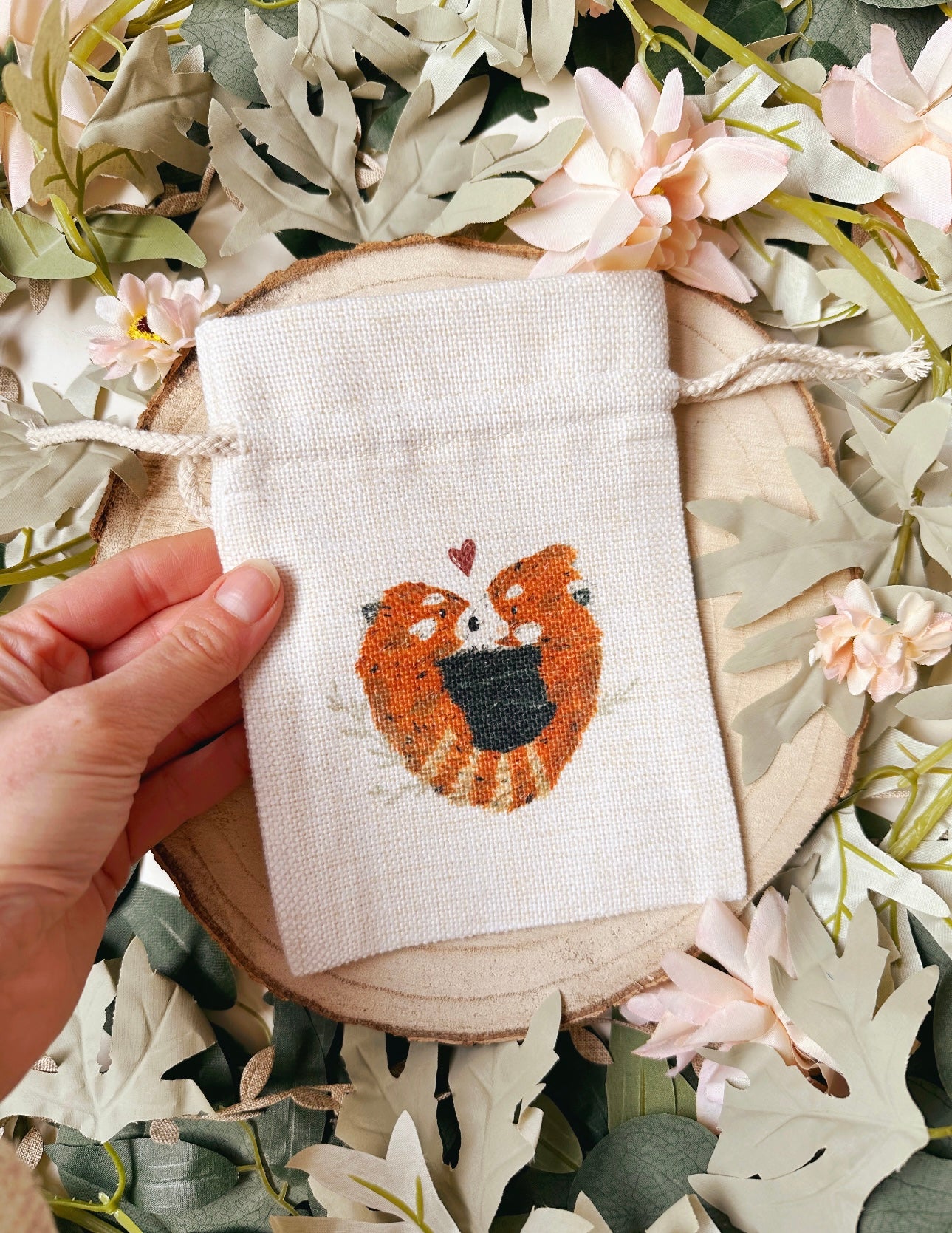 Red Panda Heart Drawstring Bag