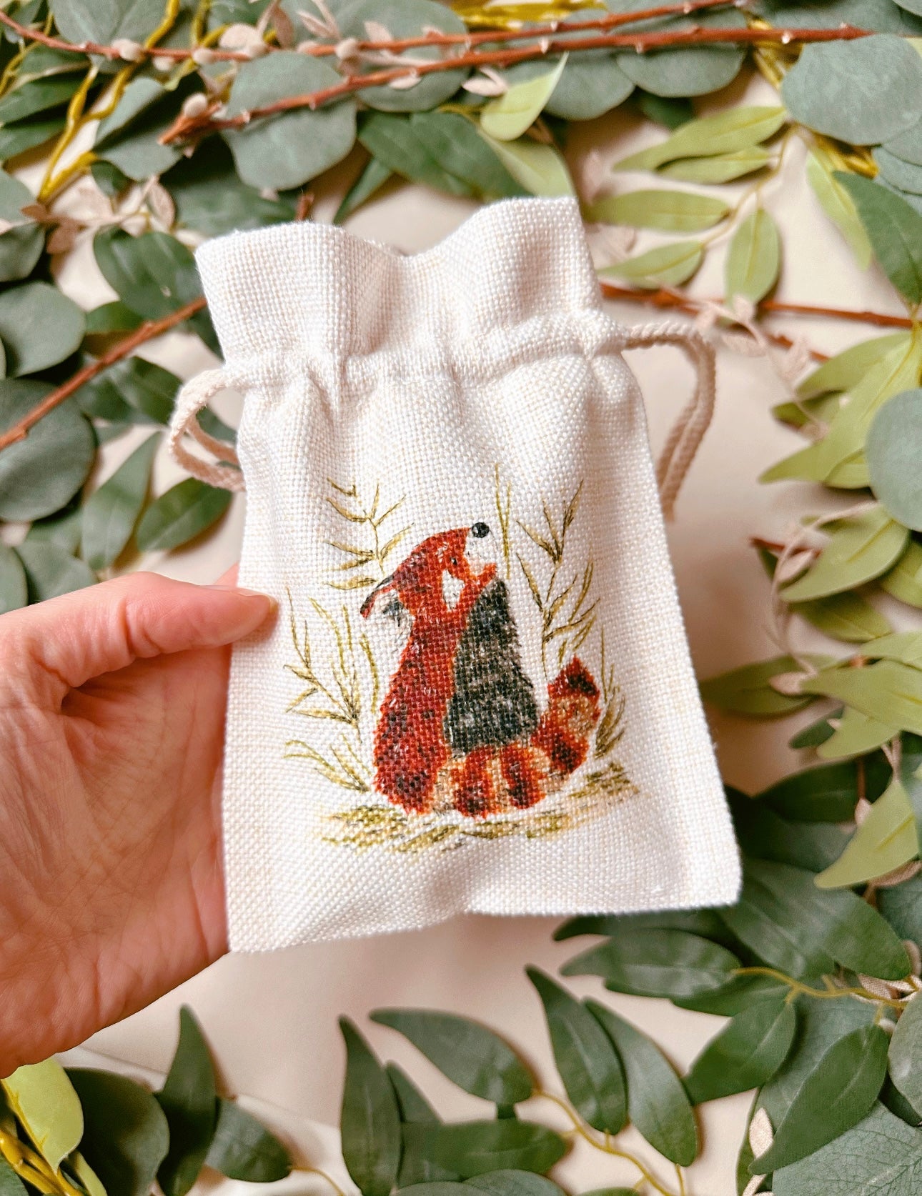 Red Panda Foliage Drawstring Bag