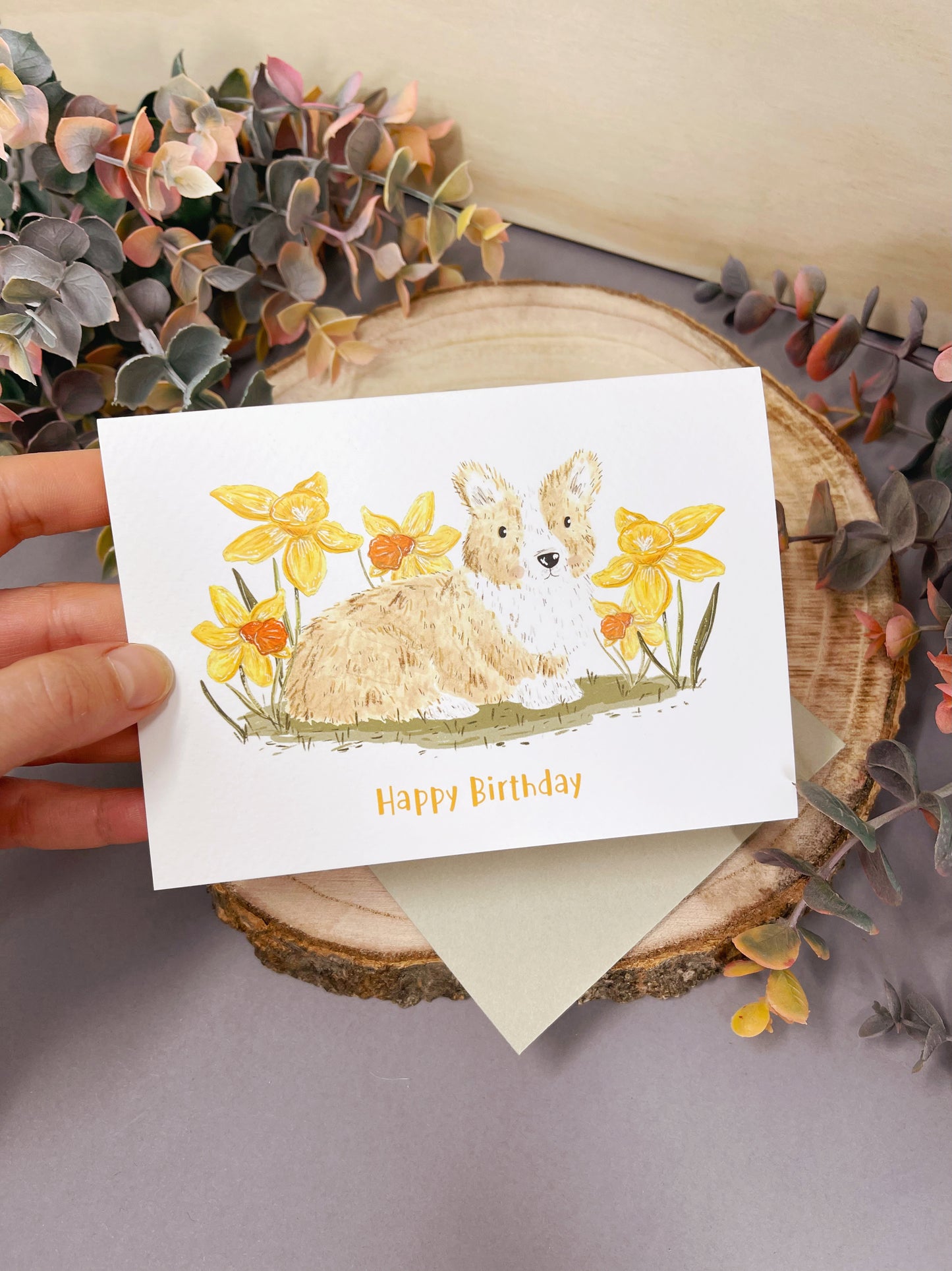 Corgi Daffodil Birthday Card